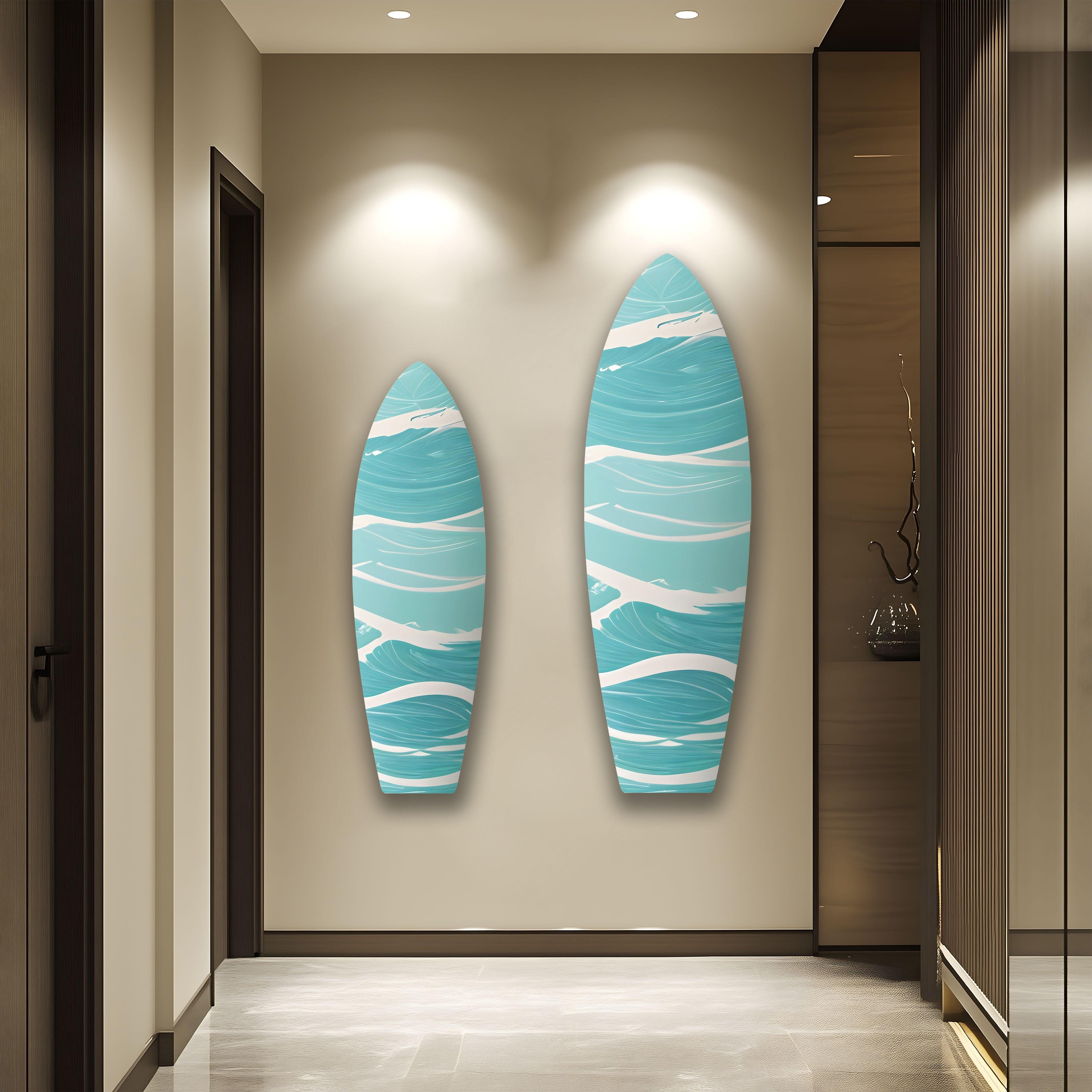 Blue Sea Wave Surfboard Wall Art - Coastal Beach Decor for Living Room, Bedroom & Office - Perfect Surfing Theme Home Decoration