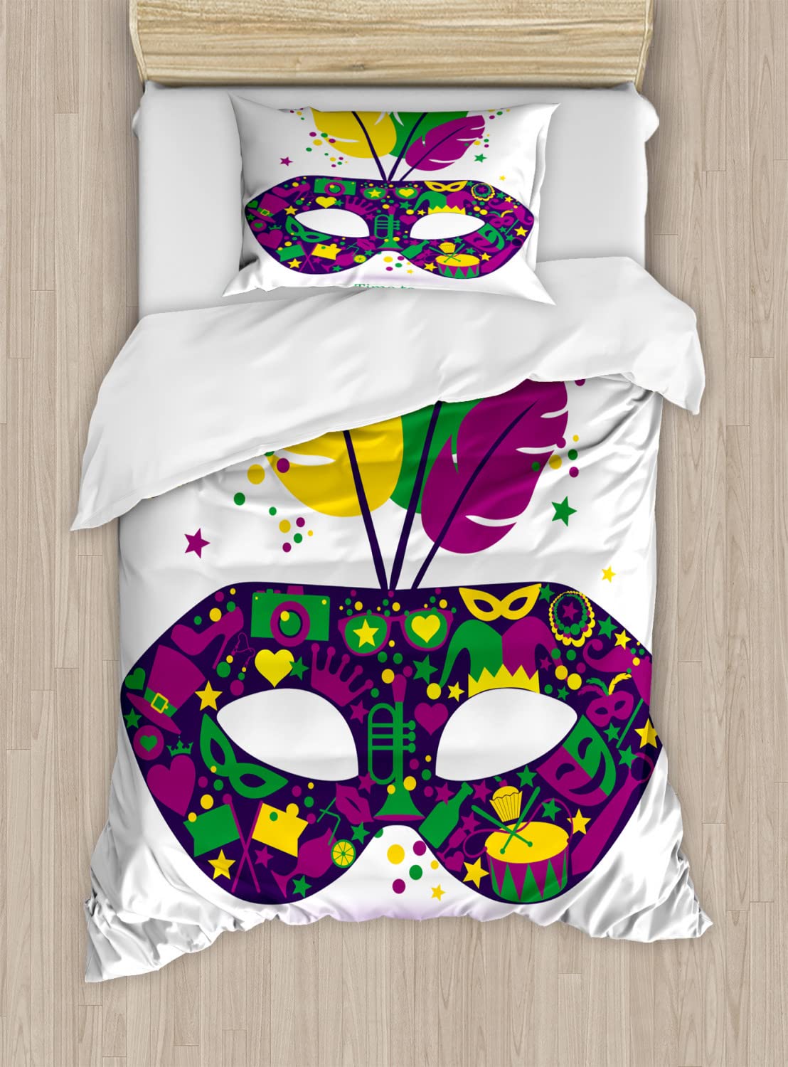 Ambesonne Mardi Gras Duvet Cover Set - Vibrant Carnival Theme with Feathers Design | 2-Piece Queen Size Bedding Set (2 Duvet Covers + 4 Pillowcases) in Magenta, Green & Yellow | Perfect for Festival Decor, Themed Parties & Bohemian Bedroom Styling