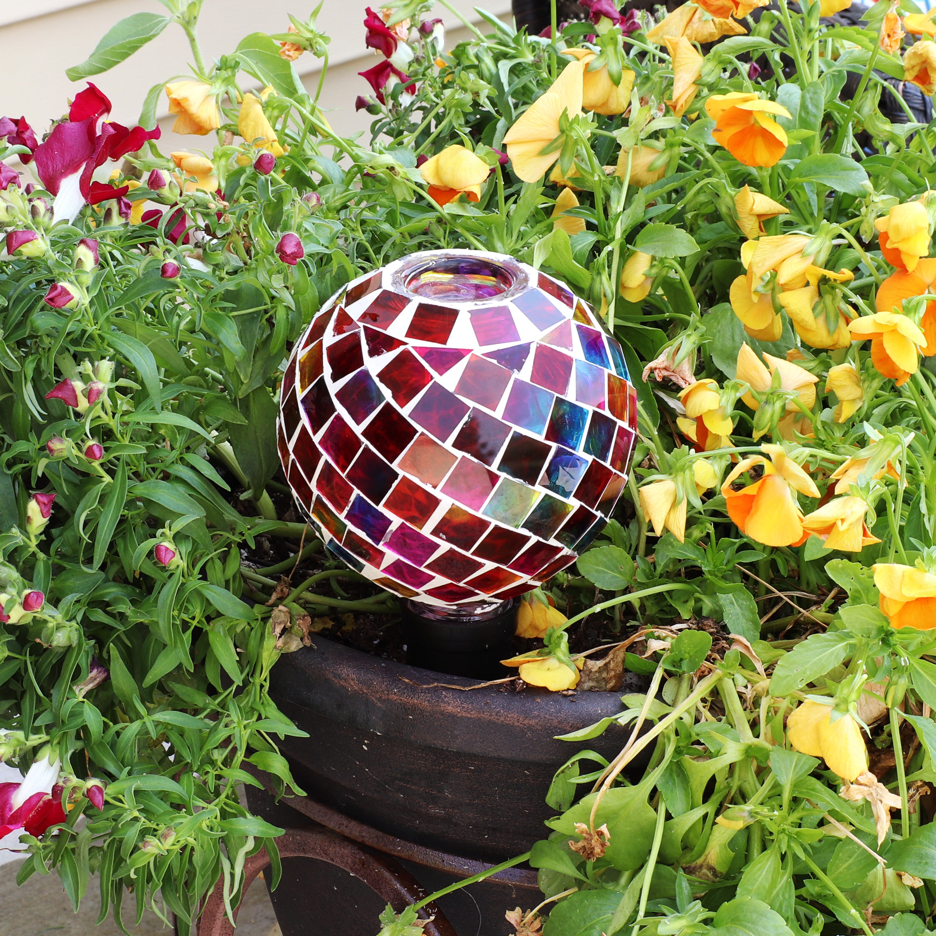 Sunnydaze Decorative Mosaic Glass Plant Watering Globe with Clay Spike - Self-Watering System for Indoor & Outdoor Potted Plants, Flowers, Herbs - Perfect for Vacation Care & Home Garden Decor