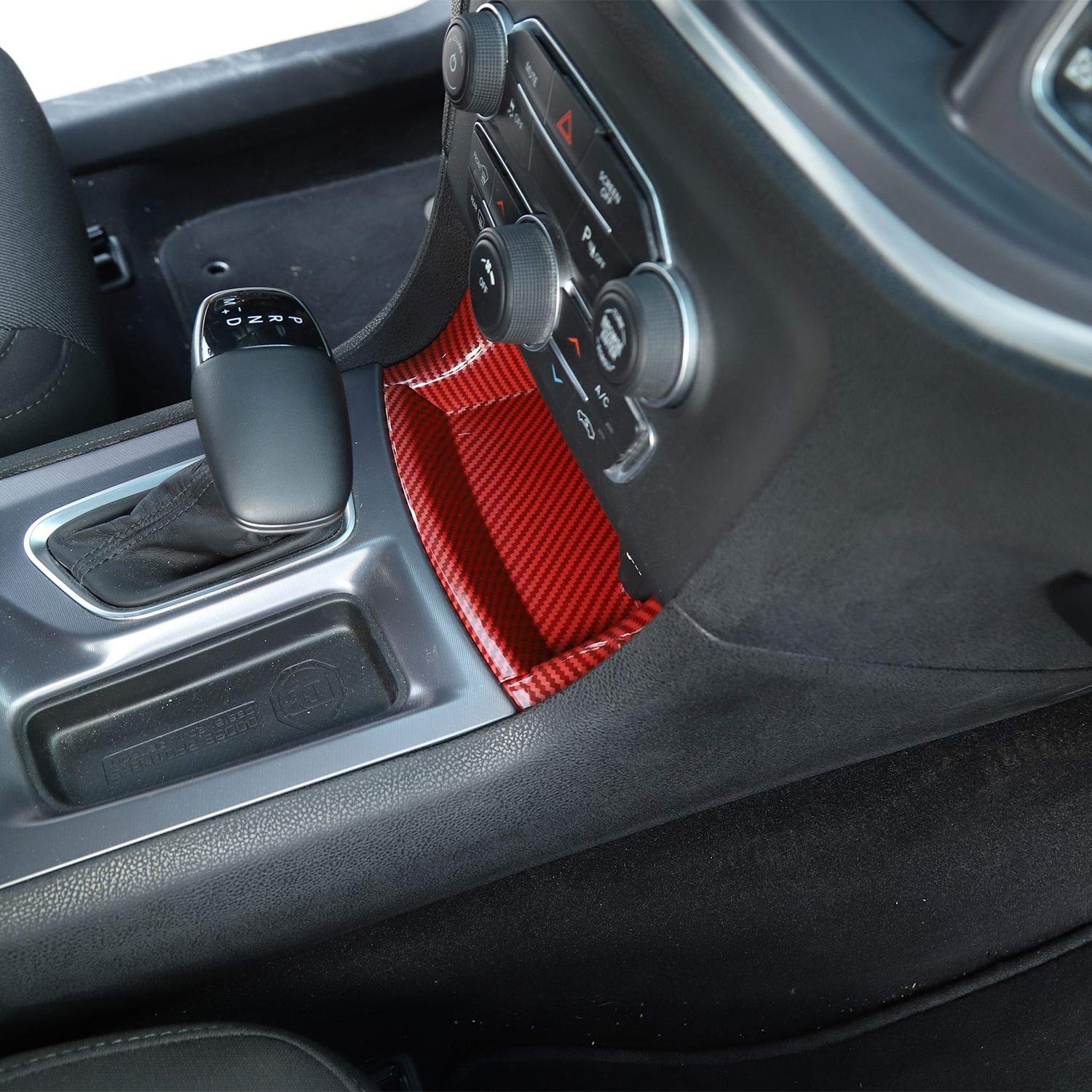 Premium ABS Red/Black Fiber Shift Shifter Storage Compartment Bin Trim Panel - Interior Accessories for 2011-2025 Dodge Charger - Perfect for Organizing Gear & Enhancing Center Console Style