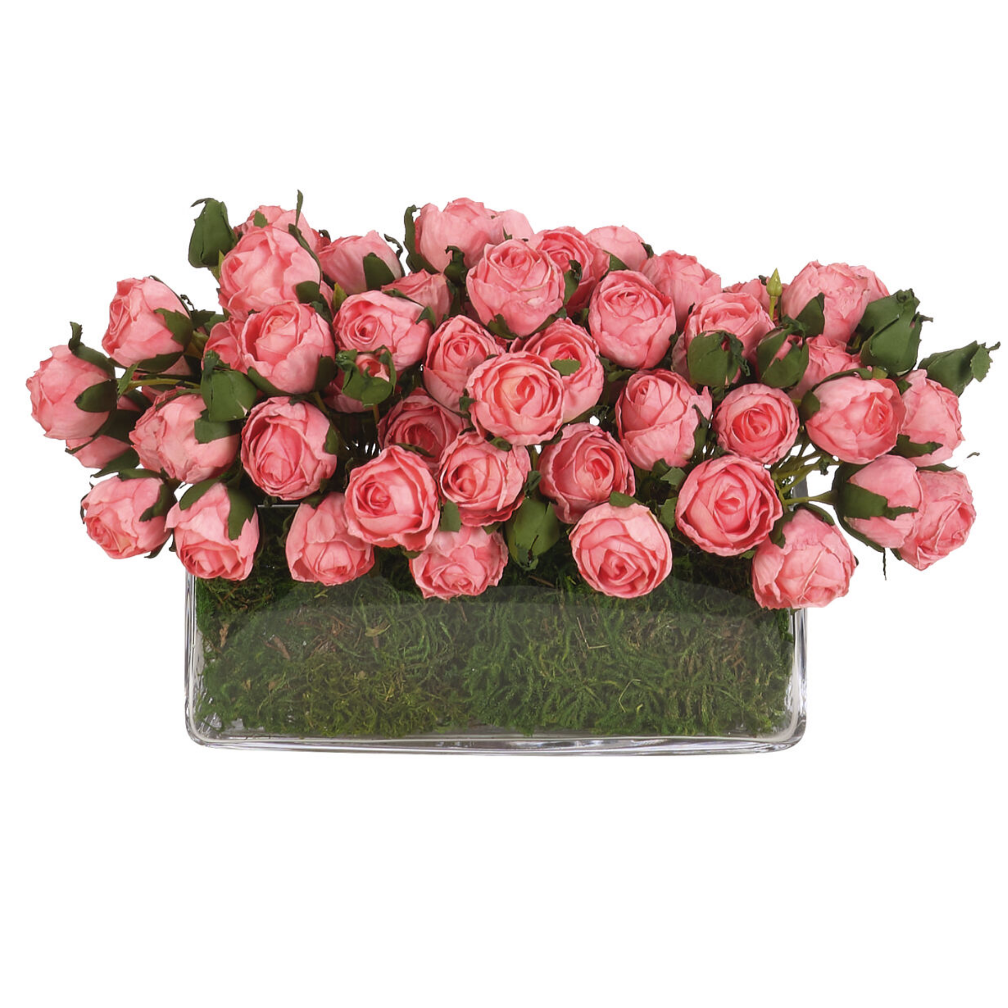8 Faux Pink Roses with Moss in Glass Rectangle Vase - Elegant Artificial Floral Arrangement for Home Decor, Wedding Centerpieces, Office Desk & Gift Giving