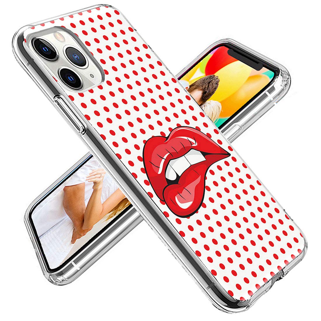 ARTIOSIT Cute iPhone 11 Pro Max Case for Women - Slim Full Body Protective Clear Soft Rubber Cover with Pop Art Red Lips & Polka Dot Design (6.5 Inch) | Perfect for Everyday Use, Work & Travel