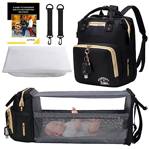 Spearpoint Baby Backpack Diaper Bag with Sanitizer Holder & Free Ebook - Large Capacity Unisex Diaper Bag for Boys & Girls (Black/Grey) - Perfect Baby Shower Gift & Travel Essential