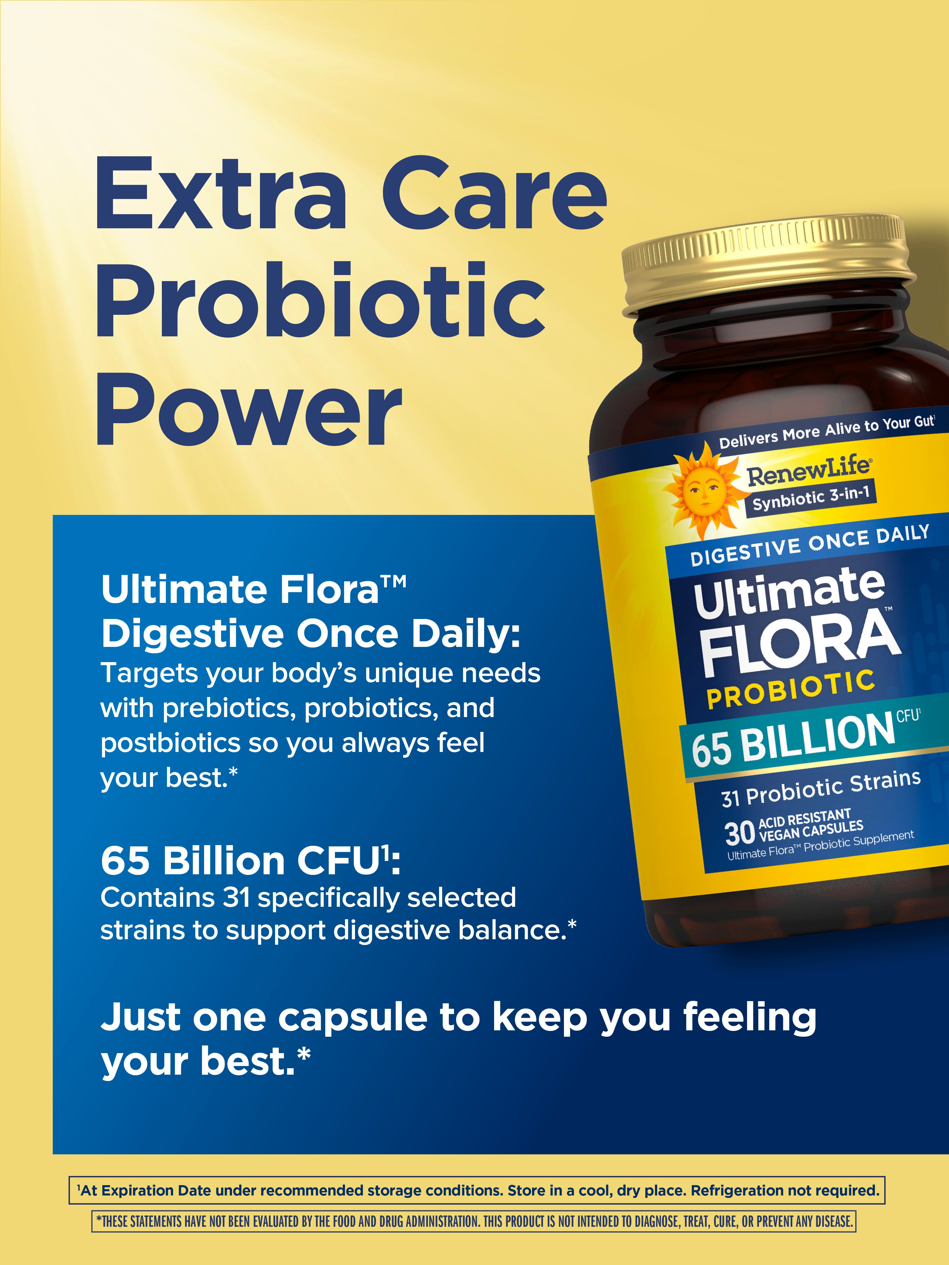 Ultimate Flora Digestive Once Daily Probiotic 65 Billion CFU - 30 Delayed Release Vegan Capsules for Gut Health & Immune Support - Perfect for Travel, Daily Wellness & Digestive Balance