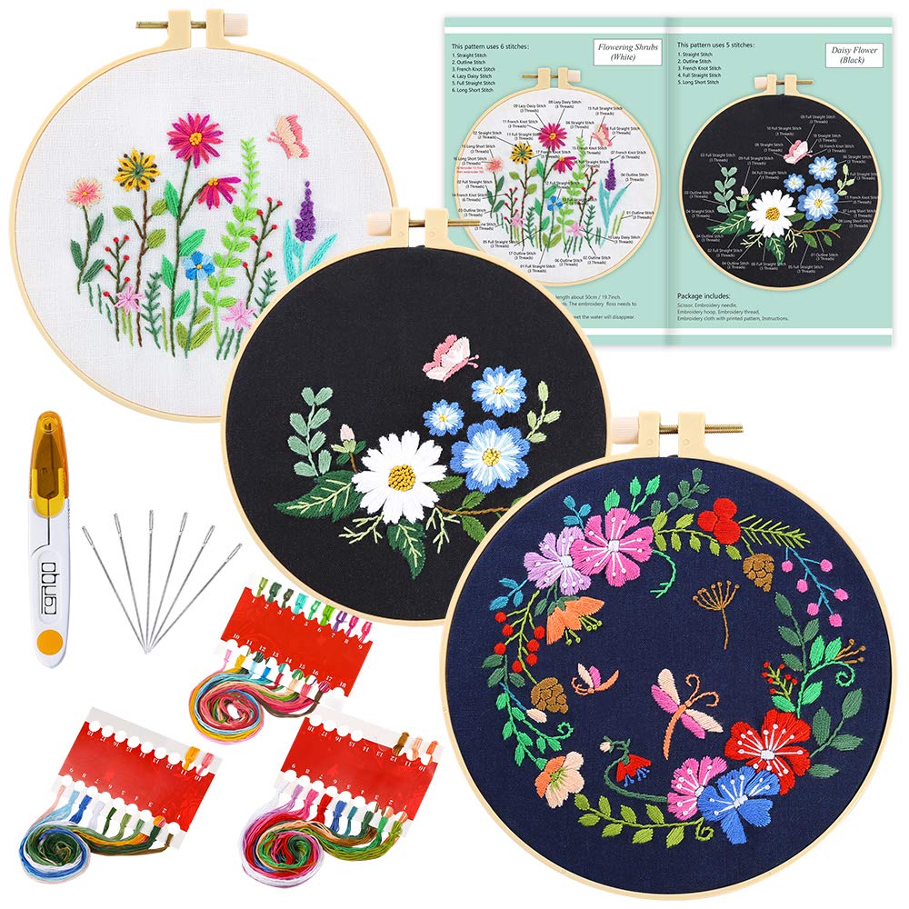 Cross Stitch Kits for Beginners & Adults - 3 Sets with Floral Embroidery Fabric, Hoop, Thread & Tools | DIY Home Decor, Gift Idea, Relaxing Craft Activity