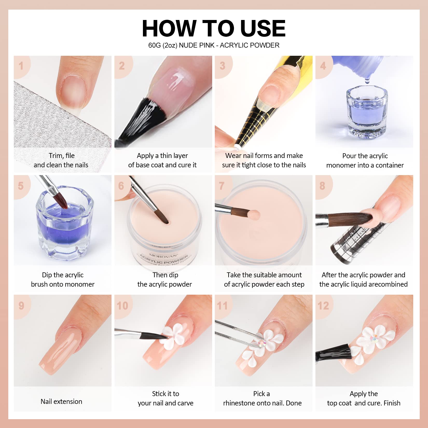 Morovan Nude Pink Acrylic Powder 2oz - Professional Polymer Nail Powder for Acrylic Nail Extensions, Sculpting & Carving | Perfect for Salon, Home Manicures & Nail Art Designs