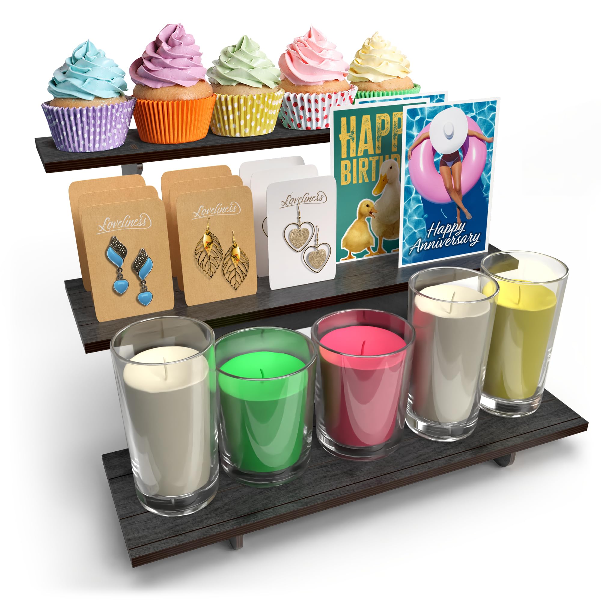 Black Wooden Tiered Stand - Portable Display Shelf for Jewelry, Cards & Vendor Events - Perfect for Home Decor, Retail Displays & Craft Shows