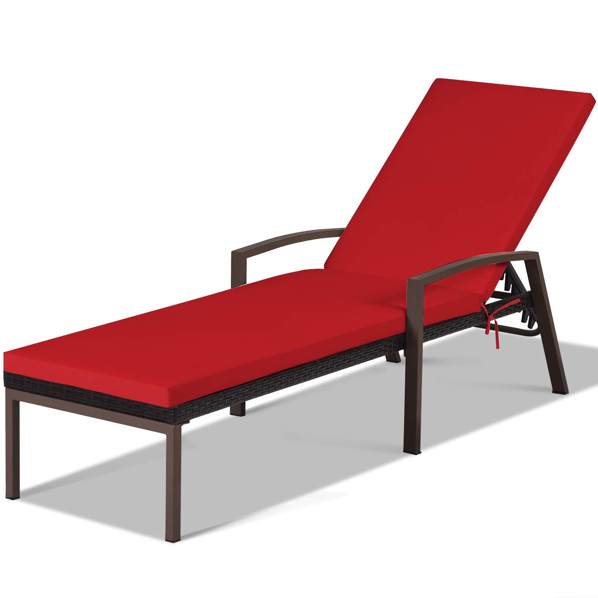 2PCS Patio Chaise Lounge Chairs with Cushions - Adjustable Rattan Sun Lounger for Outdoor Relaxation - Comfortable Wicker Recliner with Armrest for Poolside, Garden, Lawn or Balcony (Red) - Perfect for Sunbathing, Reading and Lounging in Your Backyard