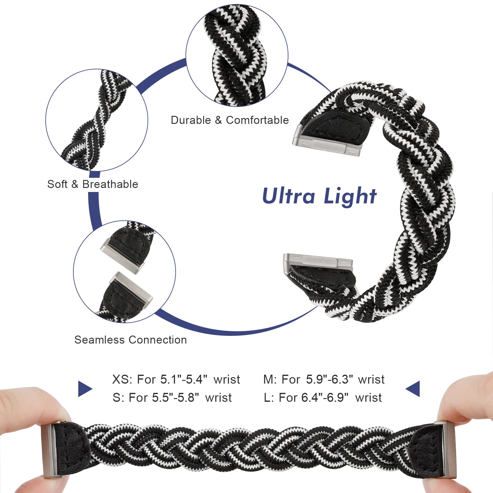 Premium Elastic Braided Solo Loop Band for Fitbit Sense/Sense 2/Versa 3/Versa 4 - Slim Stretchy Woven Wristband Accessory for Women (Black & White) | Perfect for Workouts, Running & Everyday Wear