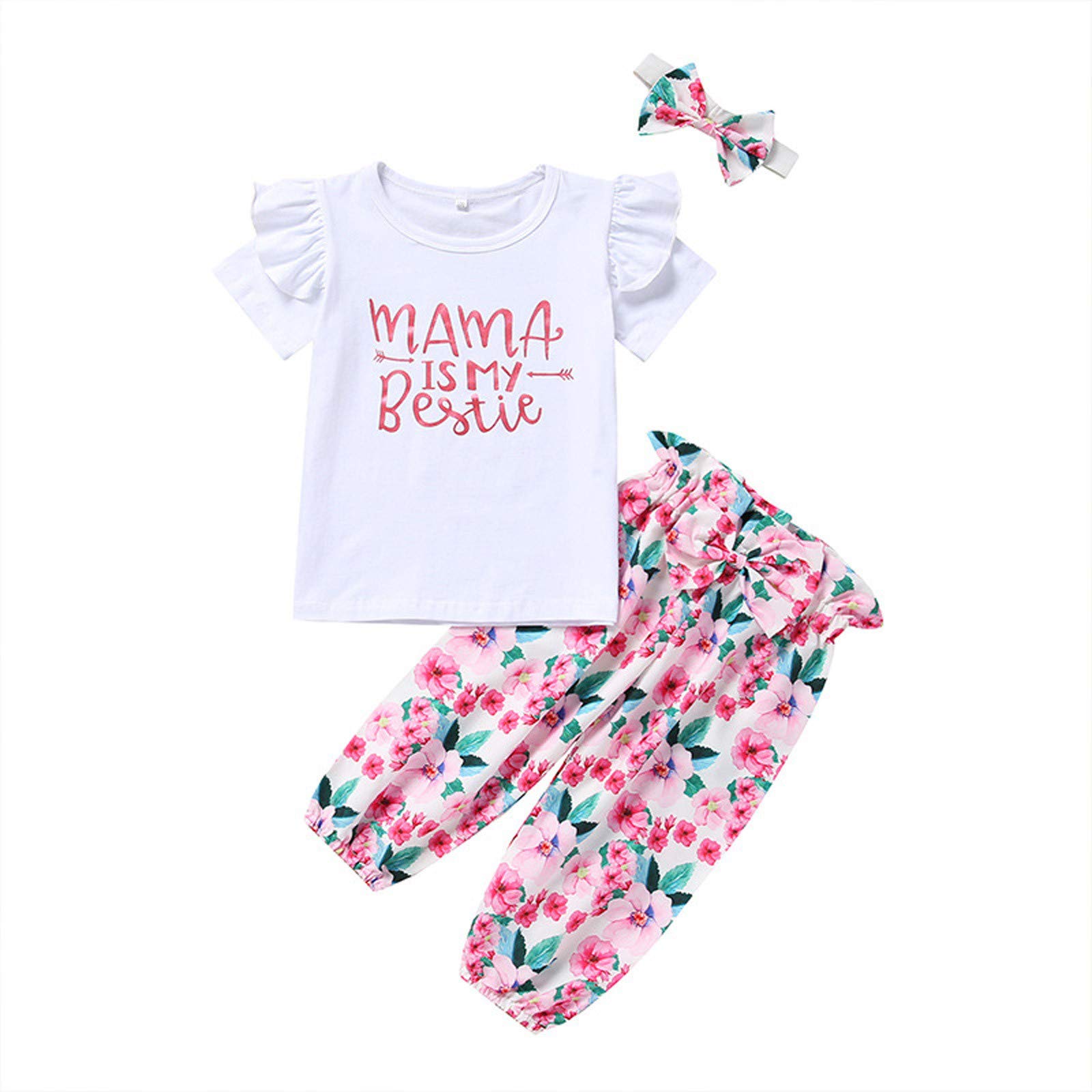 Newborn Baby Girl Outfit Set - Floral Print Letter Top & Pants 0-3 Months | Cute White Fly Sleeve Infant Clothes for New Year, Photo Shoots & Special Occasions