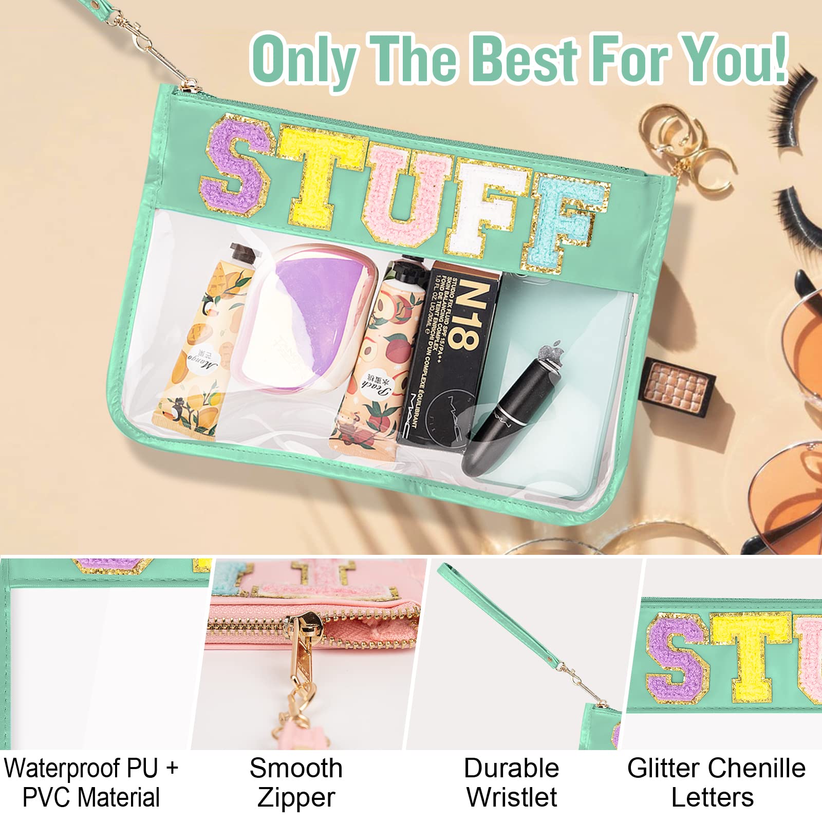 **Chenille Letter Clear Zipper Pouch - Monogram PVC & PU Waterproof Wristlet Clutch for Women & Girls | Glitter Snacks, Makeup, Beach & Toiletry Organizer (STUFF-Green)**    *Perfect for Travel, Gym, Pool Parties & Everyday Essentials Storage*