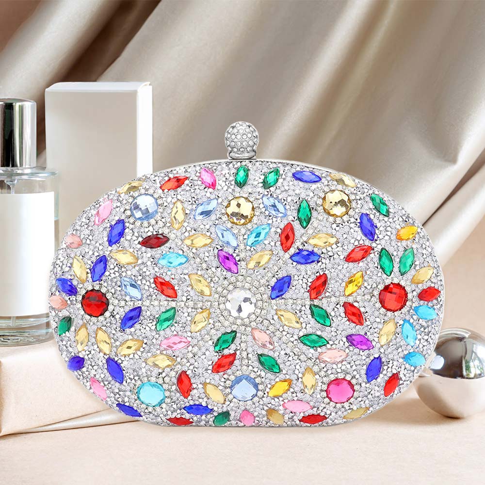 Elegant Silver Marquise Stone Evening Clutch Bag for Women - Sparkling Rhinestone Party Purse for Prom, Wedding & Special Occasions