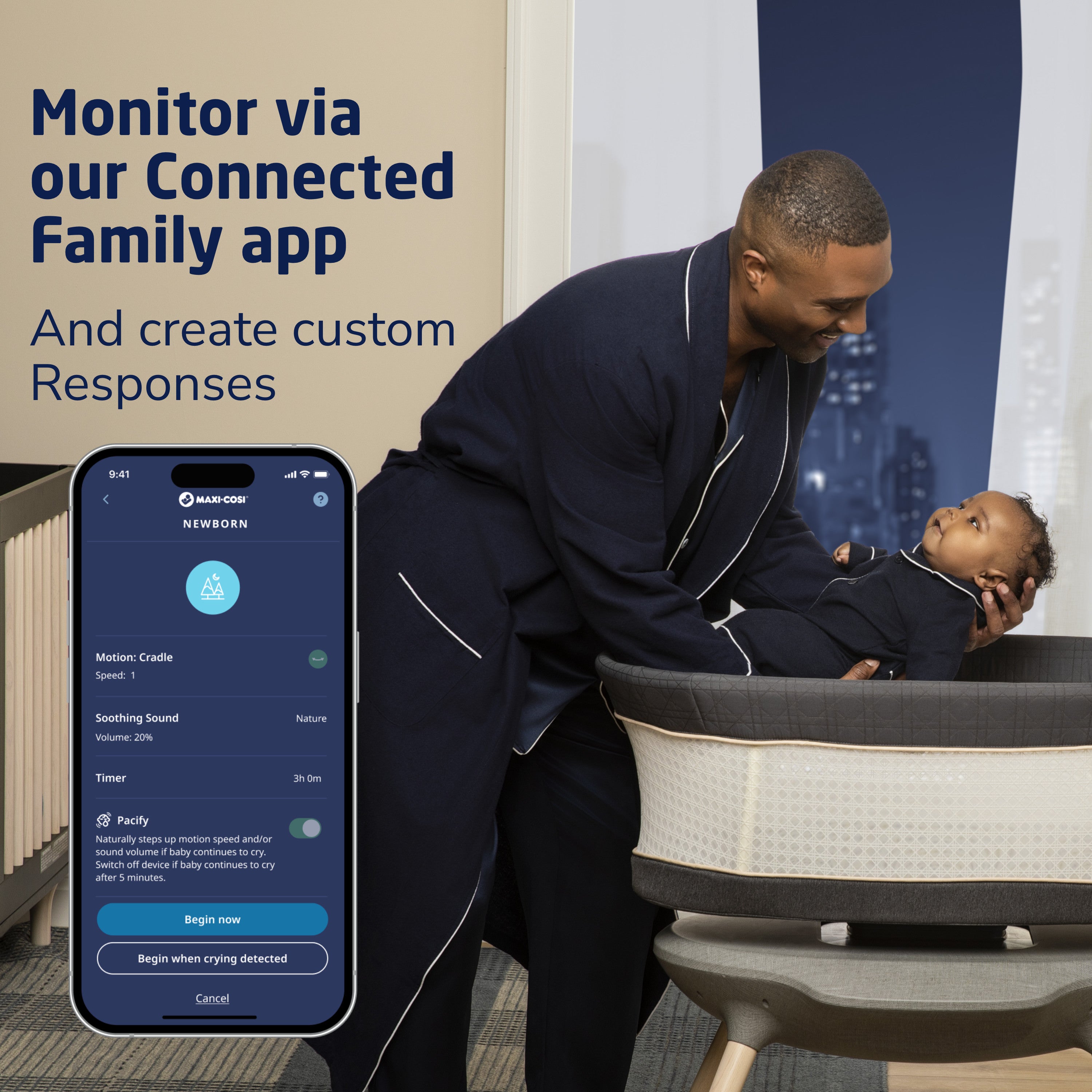 Maxi Cosi Kindred Starling Smart Bassinet - Auto Rocking Baby Crib with Bluetooth & Sleep Tracking - Perfect for Newborns & Infants - Ideal for Nursery, Bedroom & Travel Use