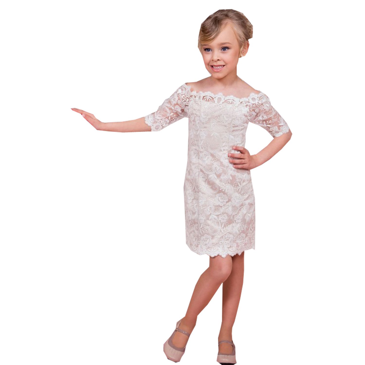 Sabrina Half Sleeve Lace Flower Girl Dress with Train - White for Weddings, Baptisms & Special Occasions