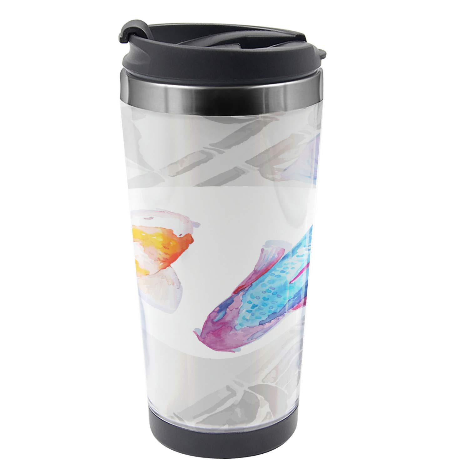 Ambesonne Insulated Travel Mug with Watercolor Japanese Koi Fish Design - 16 oz Stainless Steel Thermal Cup for Coffee & Tea - Perfect for Commuting, Camping & Outdoor Activities - Blue & Orange
