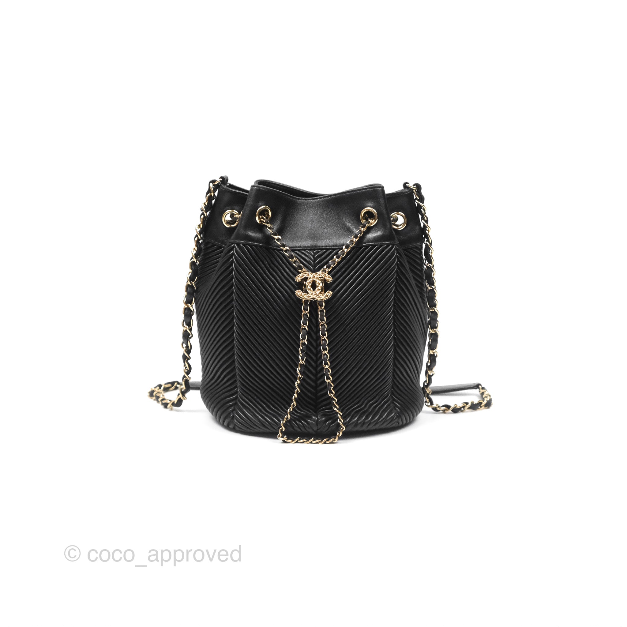 Chanel CC Chain Drawstring Bucket Bag Chevron Black Lambskin Gold Hardware - Luxury Crossbody Shoulder Bag for Women, Perfect for Parties, Date Nights & Special Occasions