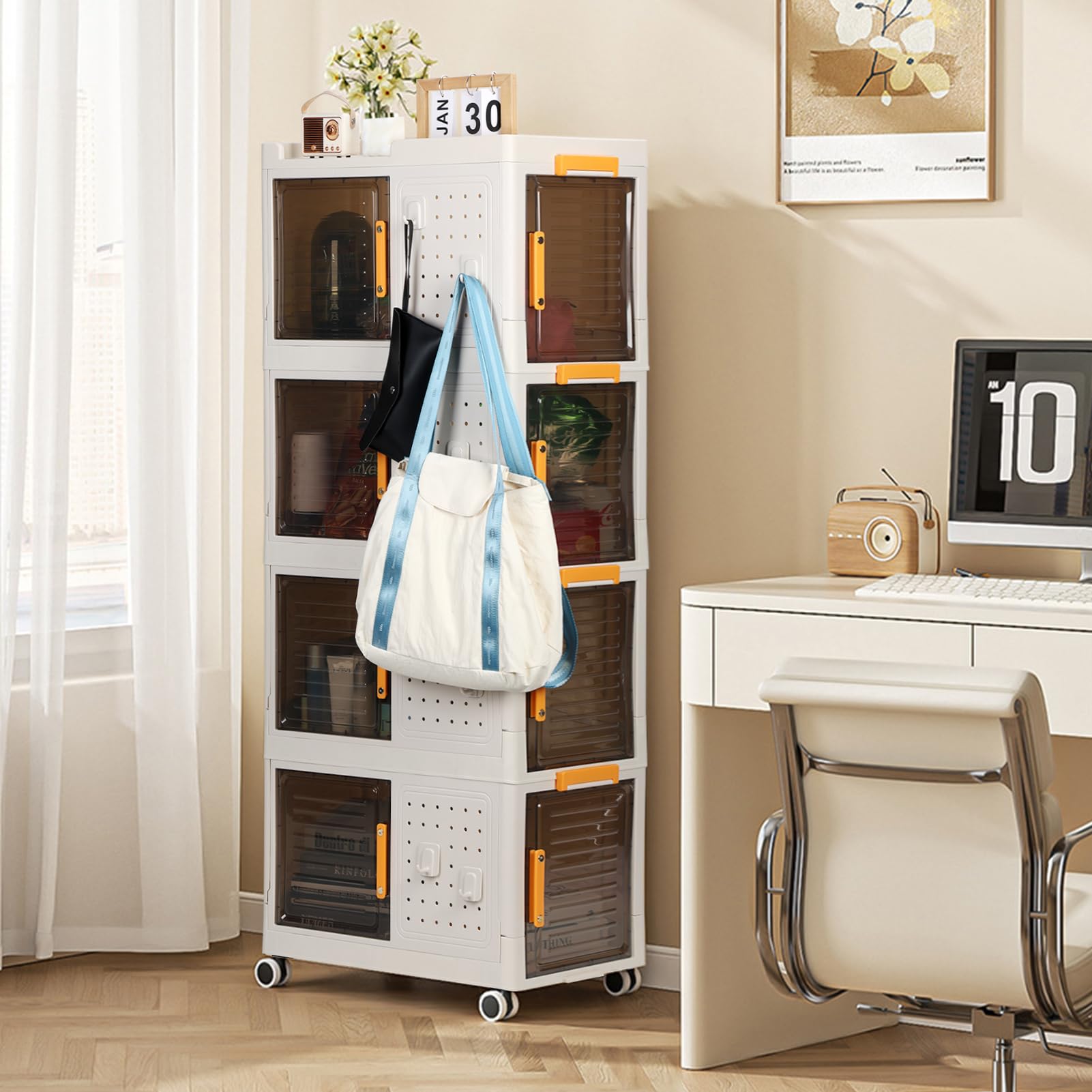 Stackable Storage Bins with Lids - 4 Tier Folding Collapsible Storage Boxes for Closet Organization (21.26 x 12.6 x 53.15 Inches) - Perfect for Living Room, Office, Dorm, Bedroom & Small Space Storage Solutions