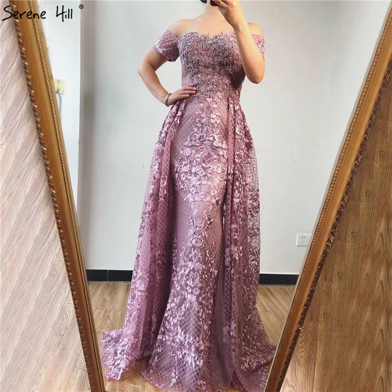 Elegant Pink Mermaid Evening Dress with Floral Lace & Crystal Details - Off Shoulder Short Sleeve Gown for Parties, Weddings & Special Occasions - Serene Hill LA70200