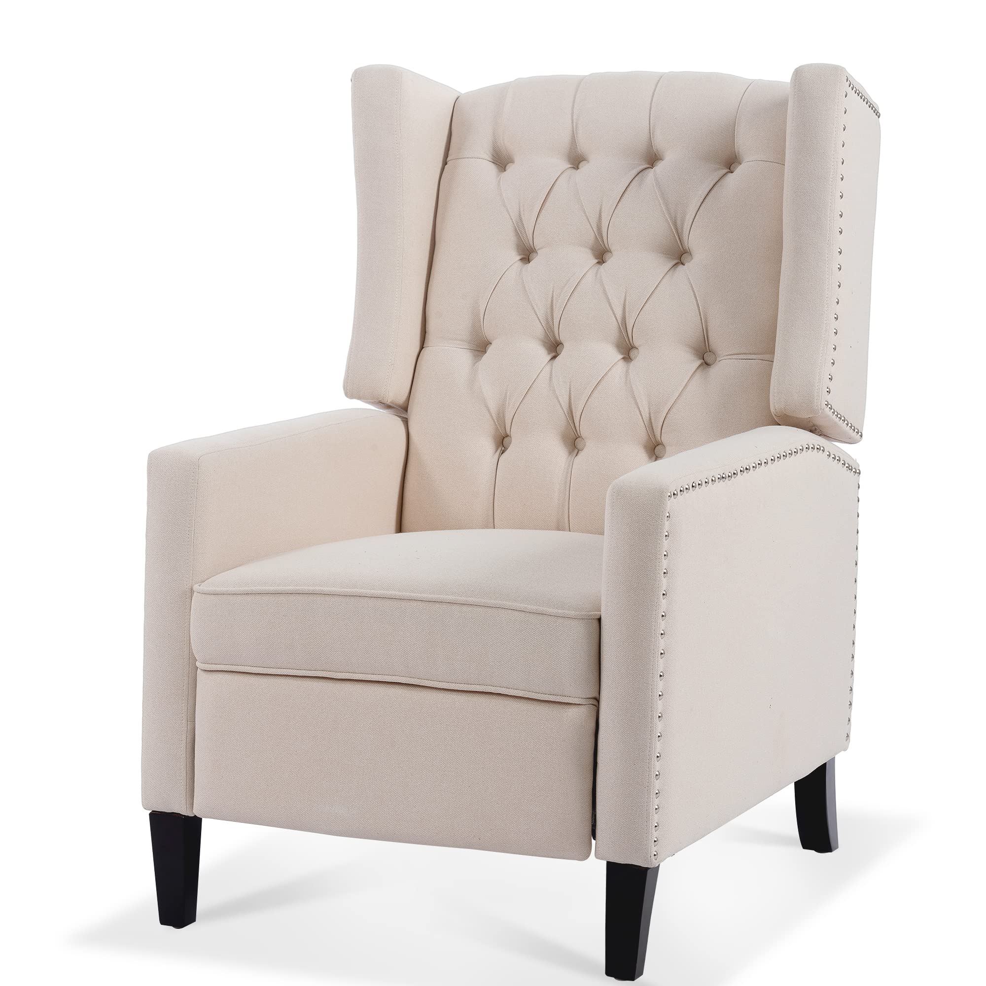 Mid-Century Modern Wingback Accent Chair with Recliner, Button Tufted Upholstery & Nailhead Trim - Padded Lounge Armchair for Living Room, Bedroom, or Office - Comfortable Single Sofa in Beige - Perfect for Relaxing, Reading, or Adding Elegant Style to Your Home Decor