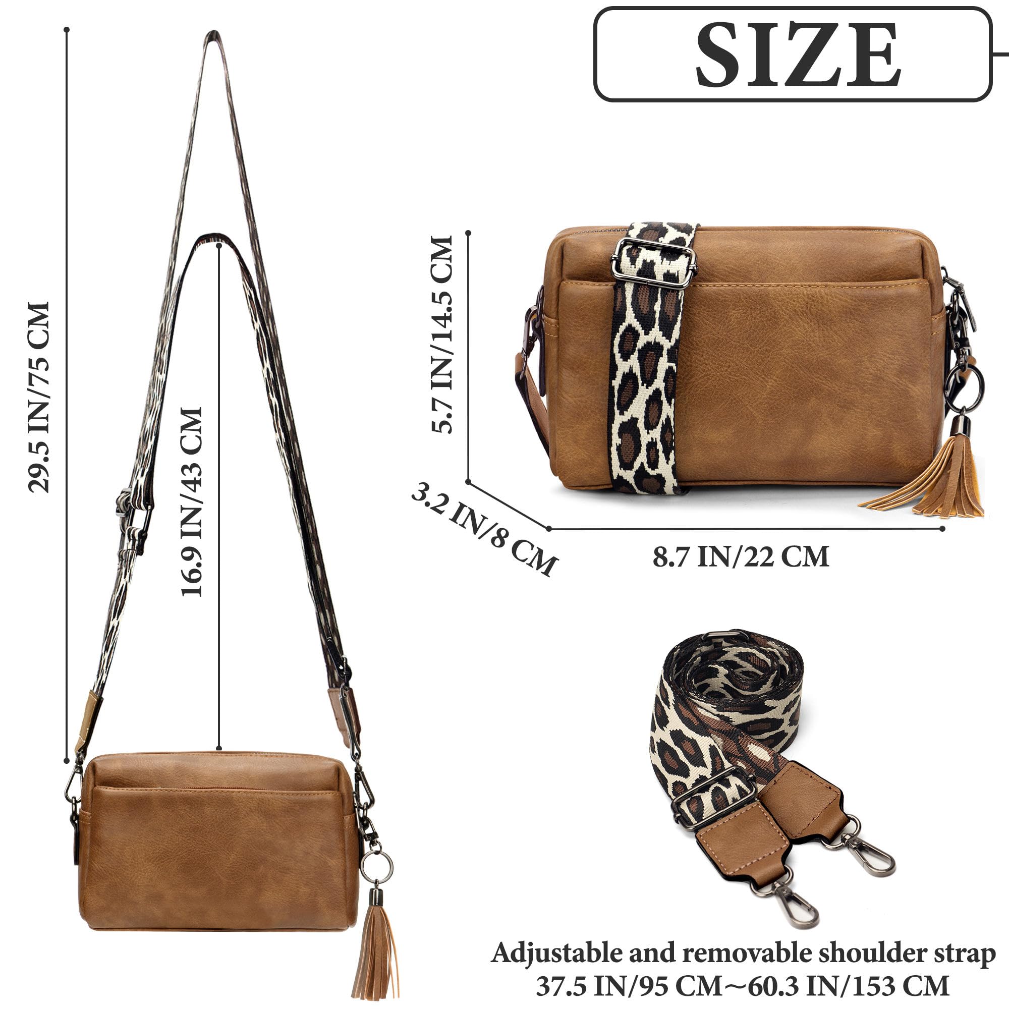 JANZORE Women's Vegan Leather Crossbody Bag - Small Multipurpose Shoulder Bag with 3 Compartments, Wide Strap & Tassel Key Ring | Fashion Camera Handbag for Casual Outings, Travel & Daily Use