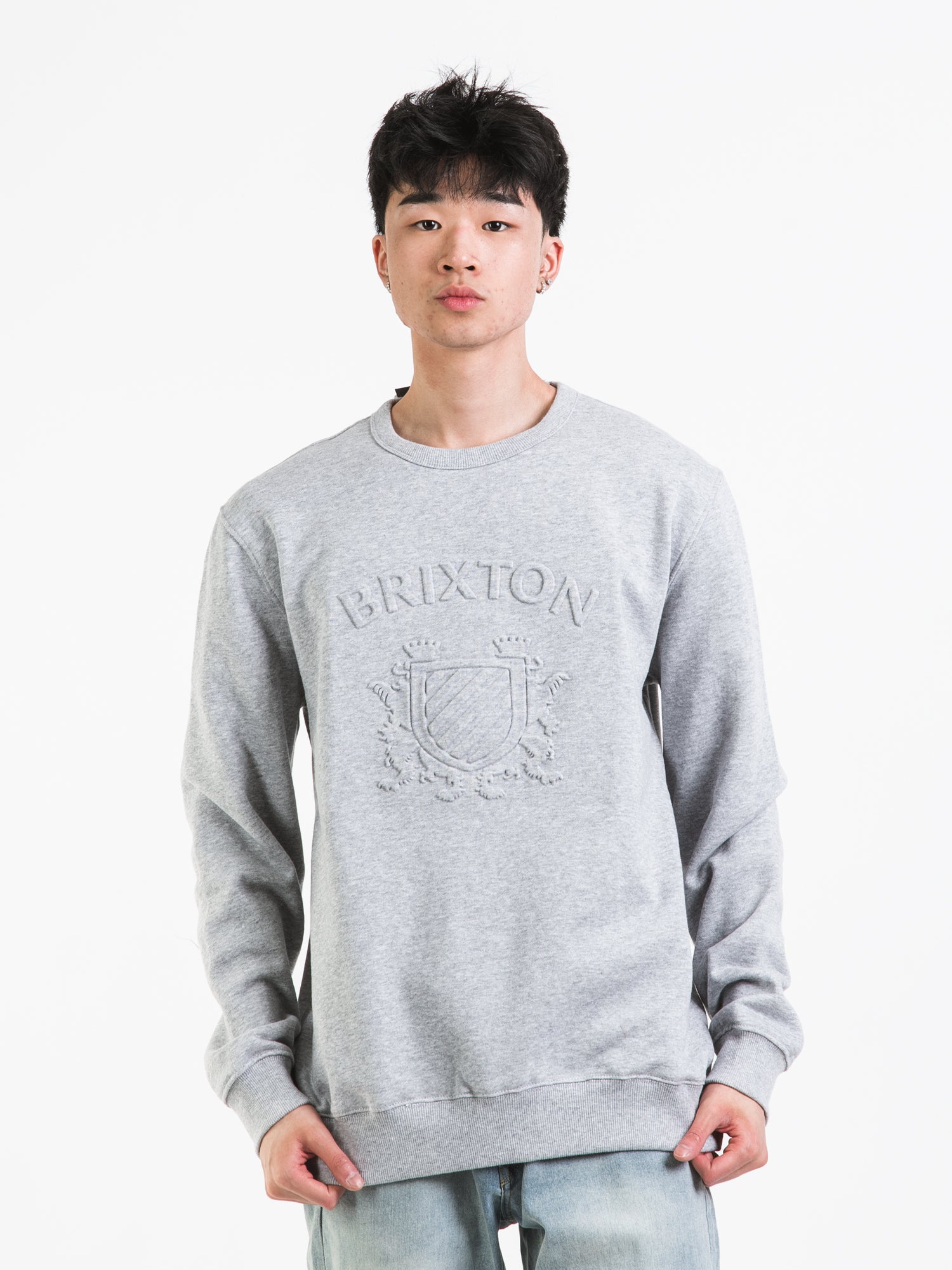 Brixton Lion Crest Crewneck Sweater - Heather Grey | Men's Casual Pullover for Fall & Winter | Clearance Sale | Perfect for Outdoor Activities & Layering