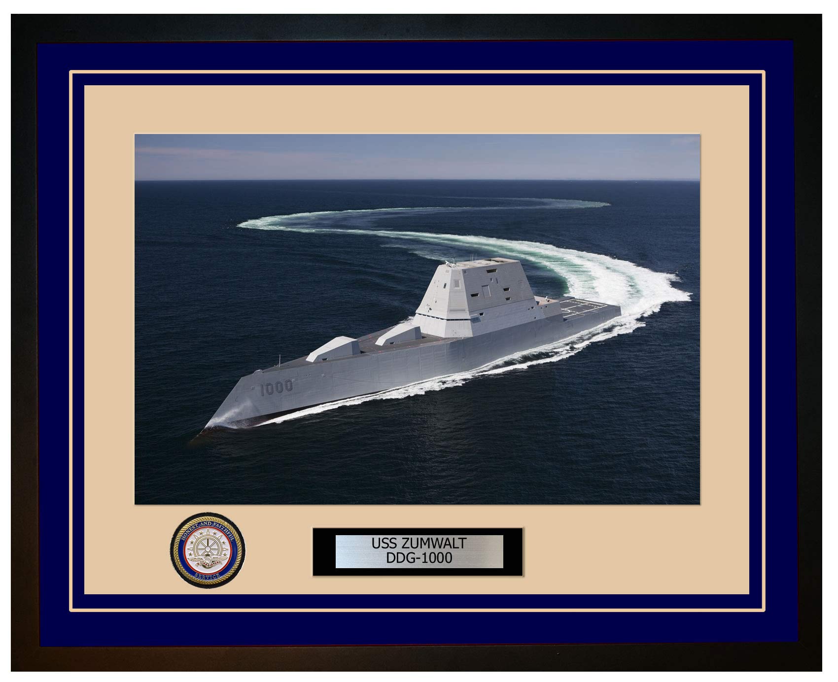 USS Zumwalt DDG-1000 Navy Destroyer Framed Photo Print - Premium Blue Wall Art for Military Enthusiasts & Navy Veterans - Perfect for Home Office, Man Cave, or Military Memorabilia Collection