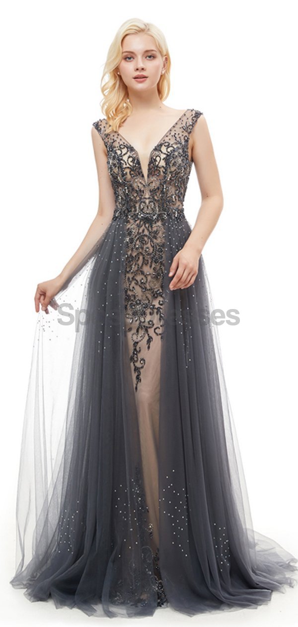 Elegant Grey V-Neck Open Back Beaded A-Line Evening Prom Dress for Women | Formal Party Gown | Perfect for Prom, Homecoming, Cocktail Parties & Special Occasions