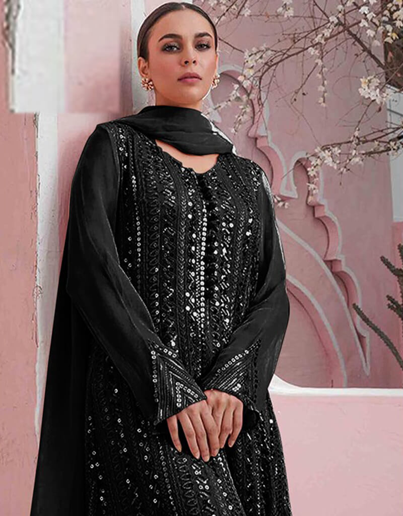 Elegant Black Sharara Style Suit - Premium Faux Georgette Fabric for Women's Ethnic Wear - Perfect for Weddings, Parties & Festive Occasions