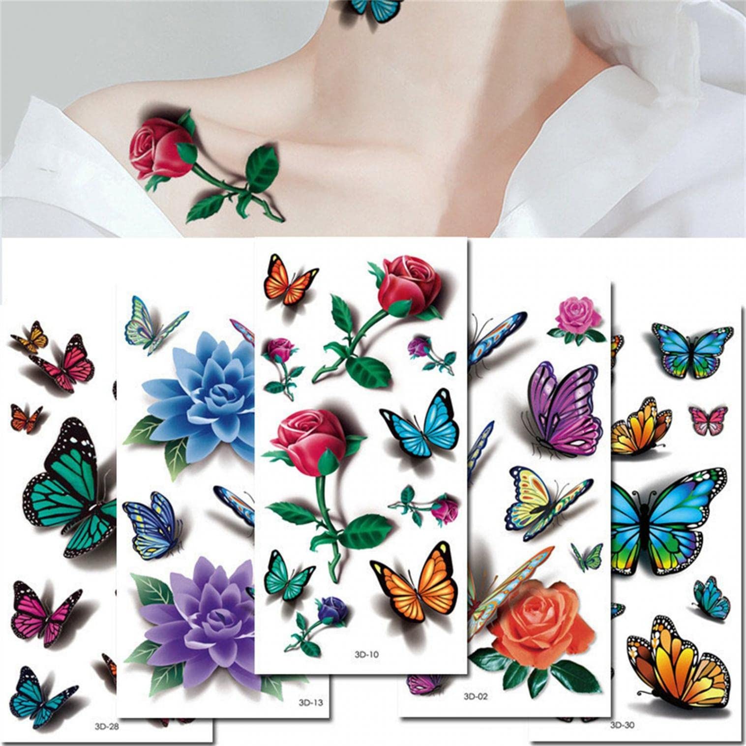 Beautiful Flowers Temporary Tattoos - Rose & Butterfly Waterproof Body Art Stickers for Women, Girls, Kids | Vibrant Multi-Color Fake Tattoos for Parties, Festivals & Summer Beach Looks (1 Sheet)
