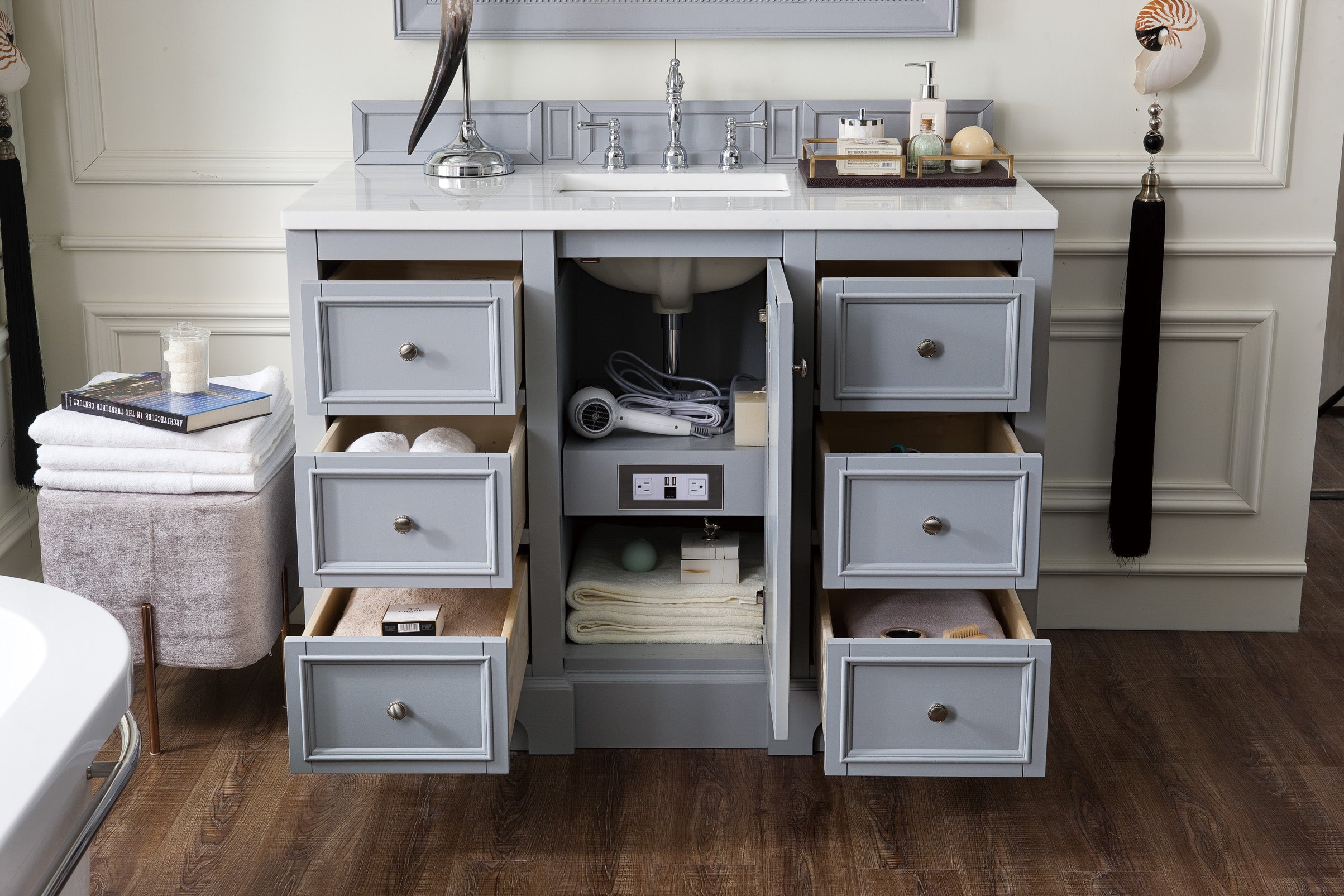 De Soto 48 Inch Single Bathroom Vanity with 3CM Arctic Fall Solid Surface Top in Silver Gray - Perfect for Modern Home Bathroom Renovation & Space-Saving Design
