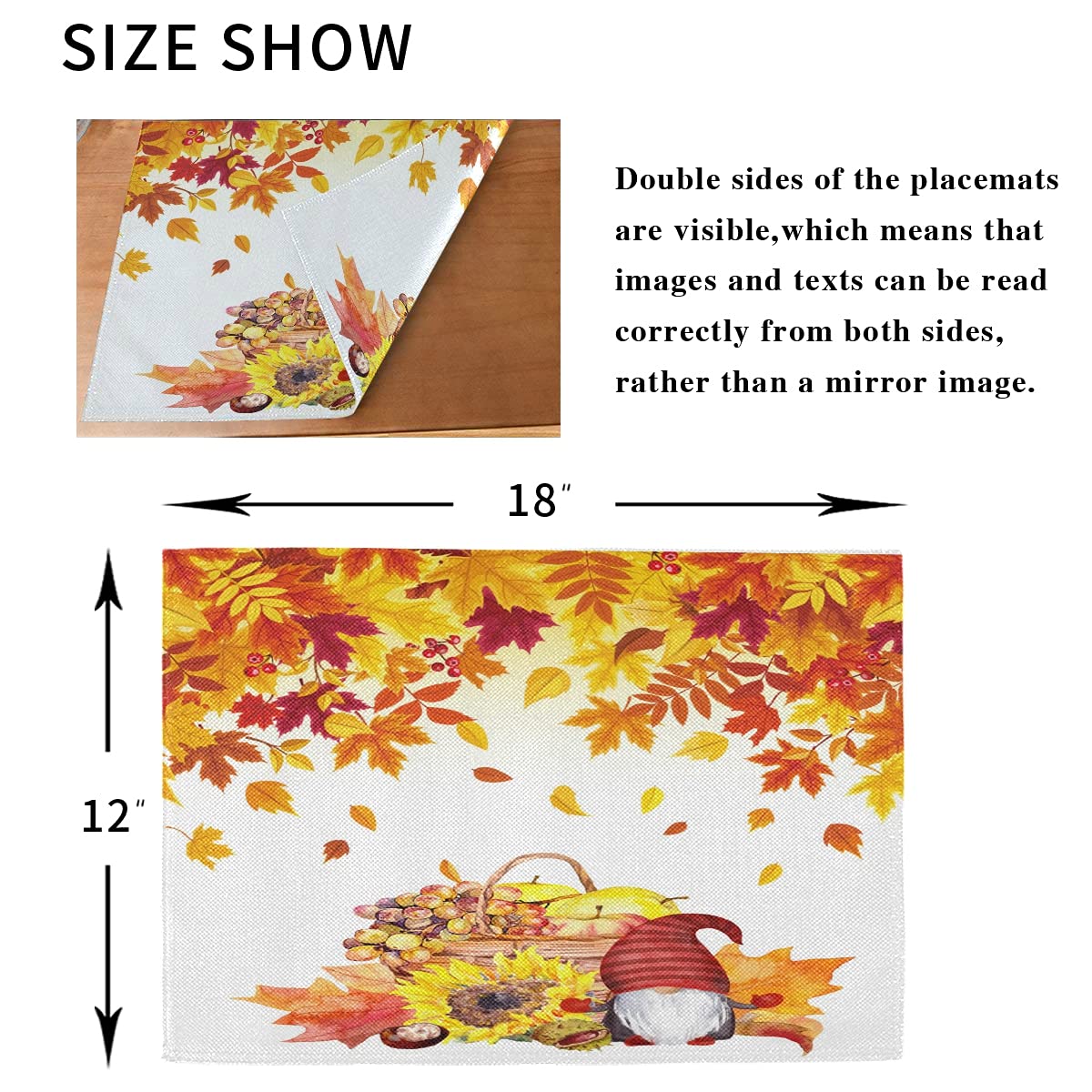 Thanksgiving Gnomes Placemats Set of 4 - Fall Maple Leaf & Pumpkin Washable Table Mats for Dining Decor (12x18 Inches) - Perfect for Thanksgiving Dinner, Autumn Home Decor & Holiday Table Setting