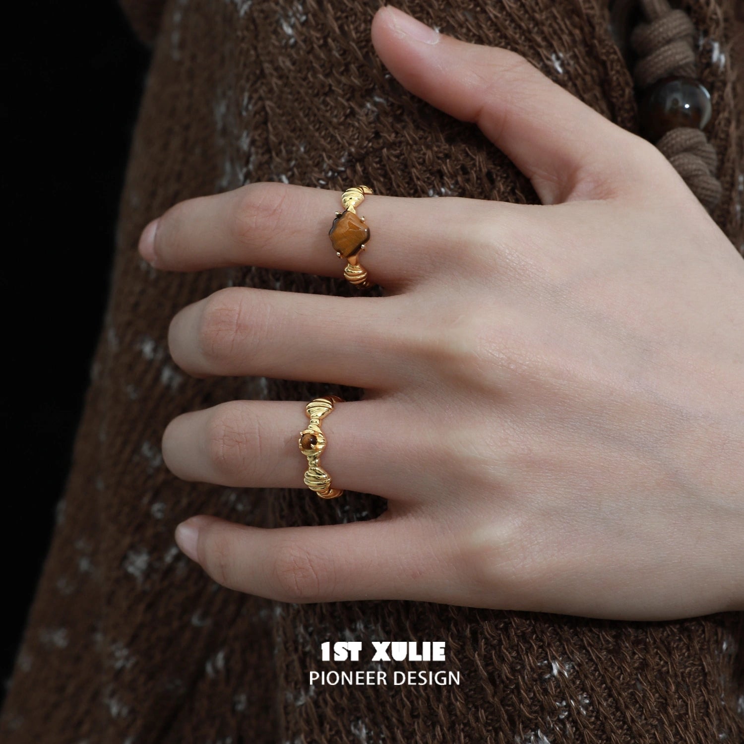 18K Gold Plated S925 Sterling Silver Tiger's Eye Vintage Shell Open End Ring - Desert Sunset Design for Women | Boho Chic Jewelry Gift for Birthday, Anniversary & Special Occasions