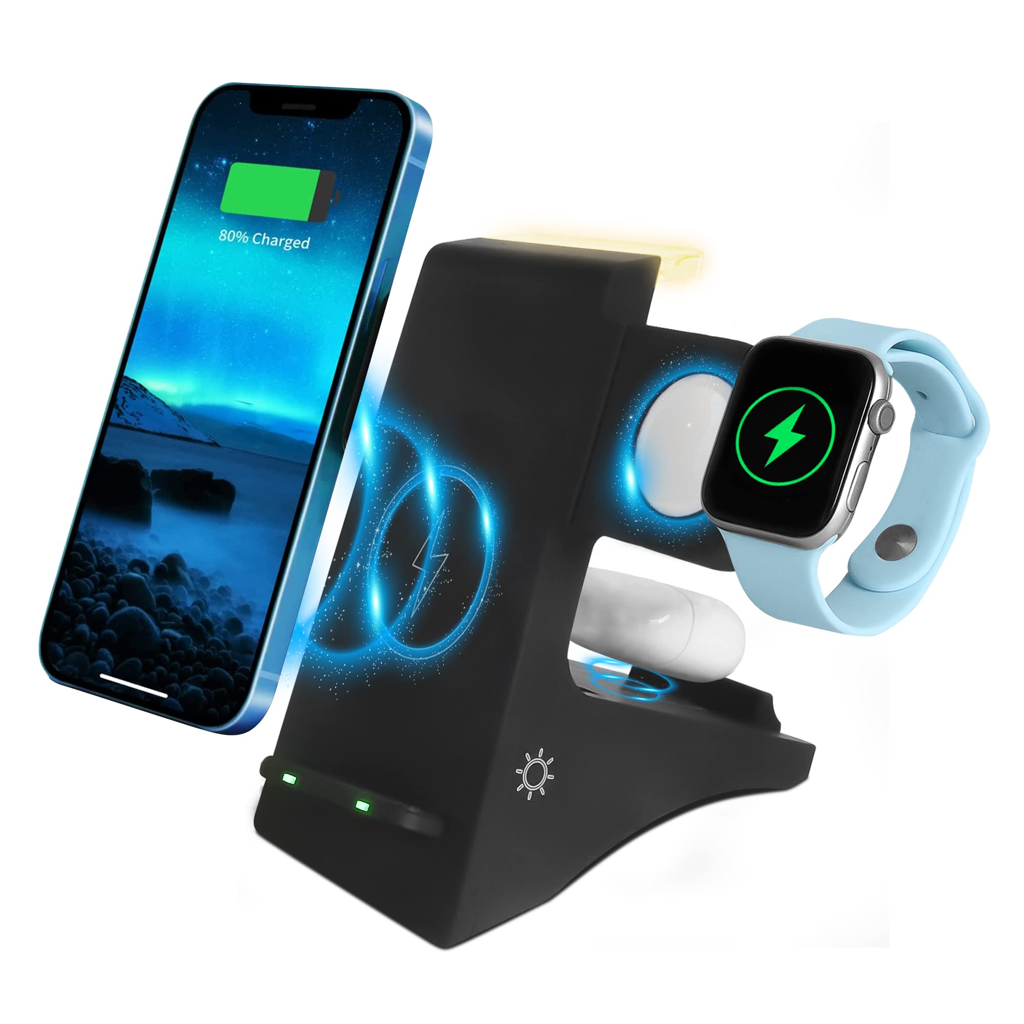 4-in-1 Fast Wireless Charging Station with Night Light - Compatible with iPhone 14/13/12, Samsung Galaxy S23/S22/S21, Apple Watch SE/6/5/4/3/2 & AirPods Pro - Multi-Device Charging Dock for Bedroom, Office & Travel