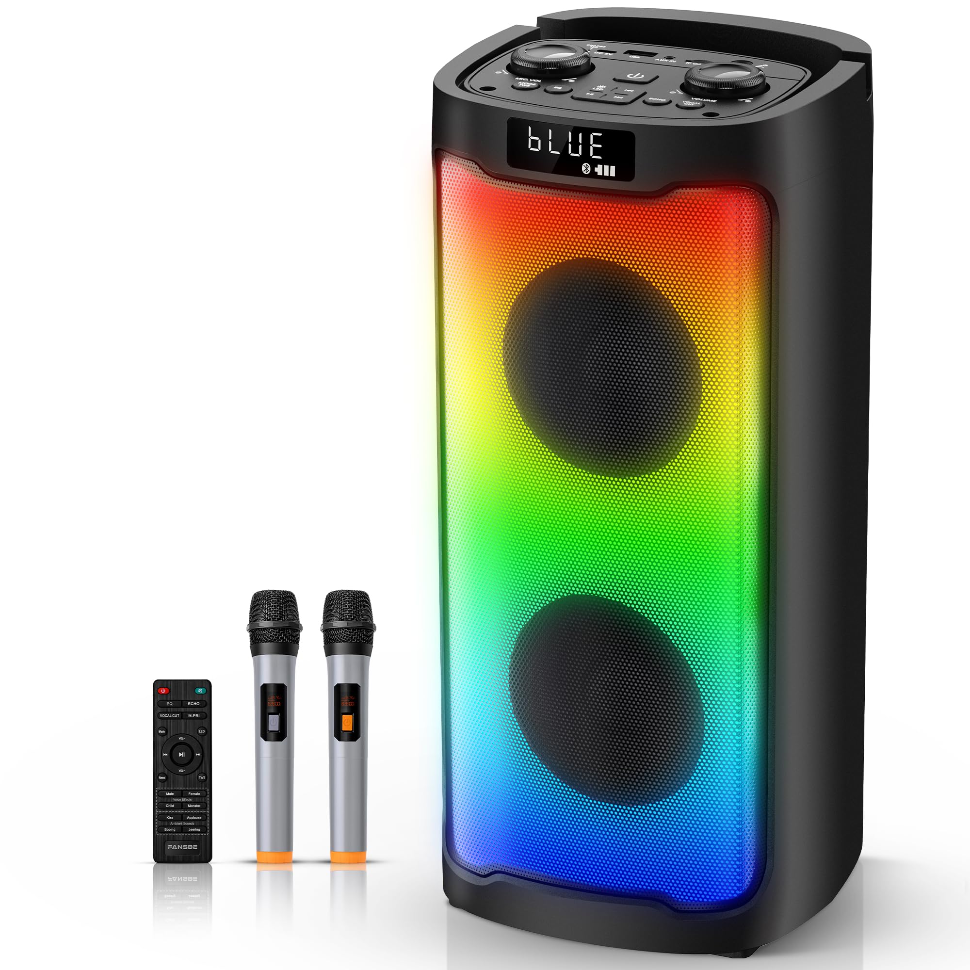 Portable Bluetooth Karaoke Machine with 2 Wireless Microphones, LED Lights, Sound Effects & EQ - AUX/USB/TF/TWS Support for Home, Outdoor & Party Singing | Perfect for Family Gatherings, Camping & Birthday Celebrations