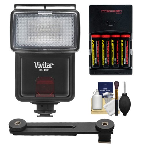 Vivitar SF-4000 Auto Bounce Zoom Slave Flash with Bracket | Compatible with Sony A7 A7R A3000 A5000 A6000 NEX Series | Includes AA Batteries, Charger & Cleaning Kit | Perfect for Wedding, Portrait & Event Photography
