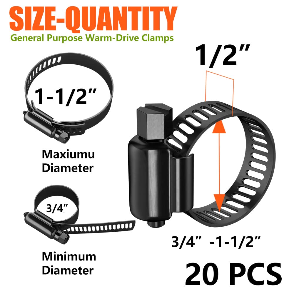 20pcs Black Stainless Steel Hose Clamps 3/4