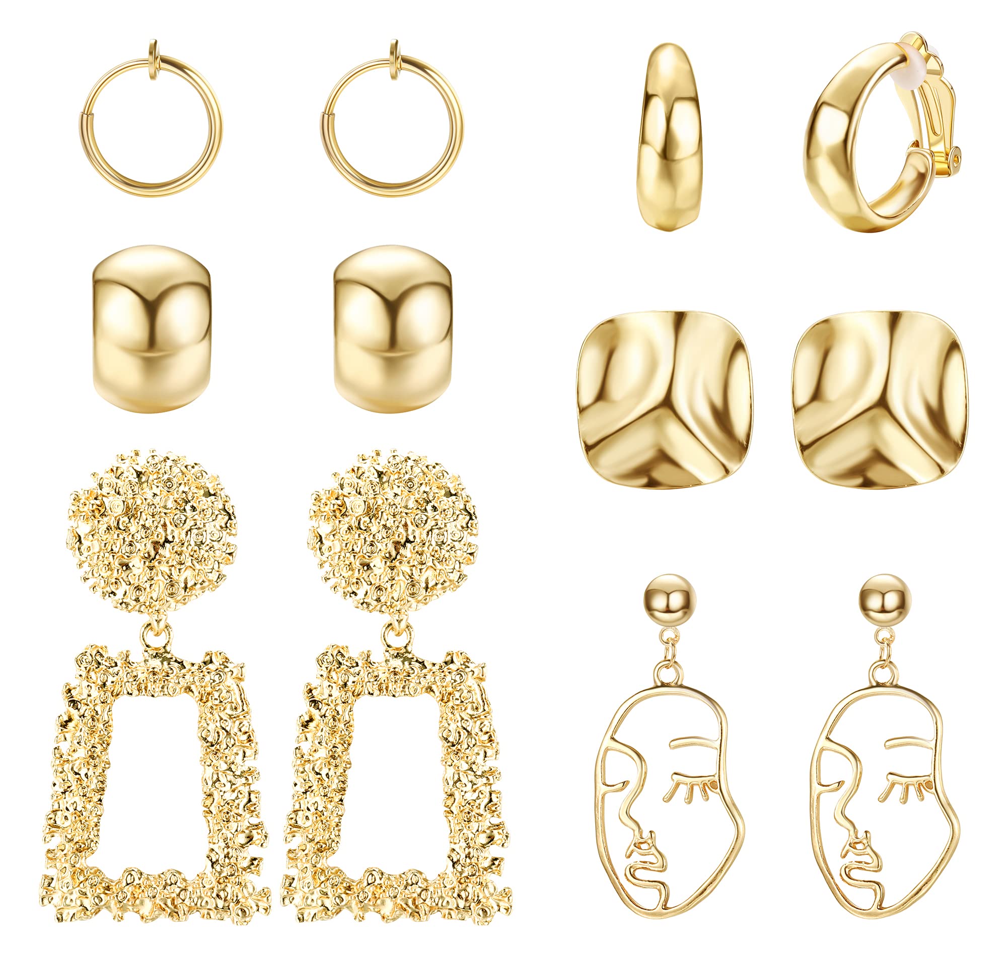 Stylish CASSIECA 6-Pair Clip-On Earrings Set for Women - Geometric Chunky Hoops, Abstract Face Dangle Earrings, Non-Piercing Jewelry in Silver & Gold | Perfect for Parties, Weddings & Everyday Fashion Accessories