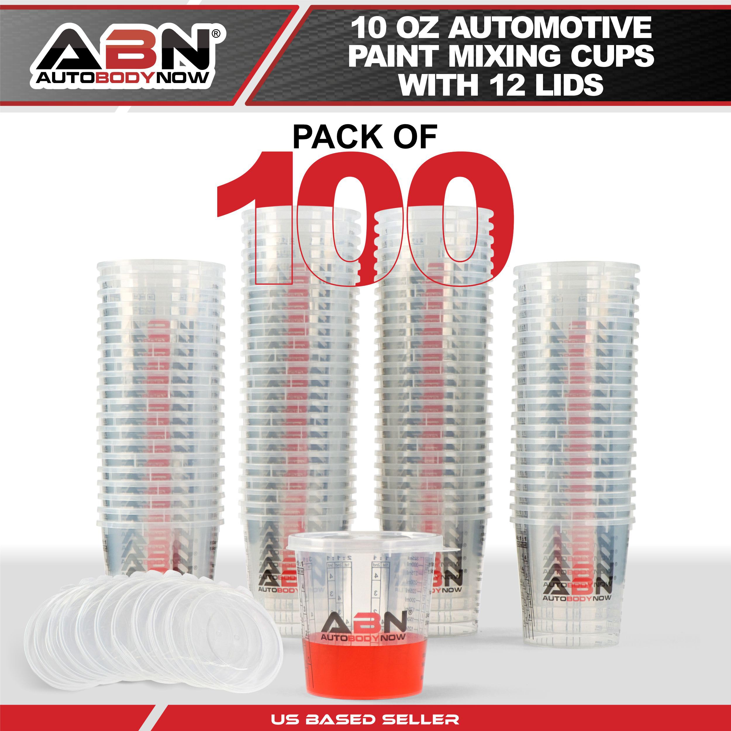 ABN 10oz Plastic Paint Mixing Cups - 100 Pack with 12 Lids for Epoxy Resin, Activators, Thinners & Automotive Paint - Perfect for DIY Projects, Art Crafts, and Auto Body Repair