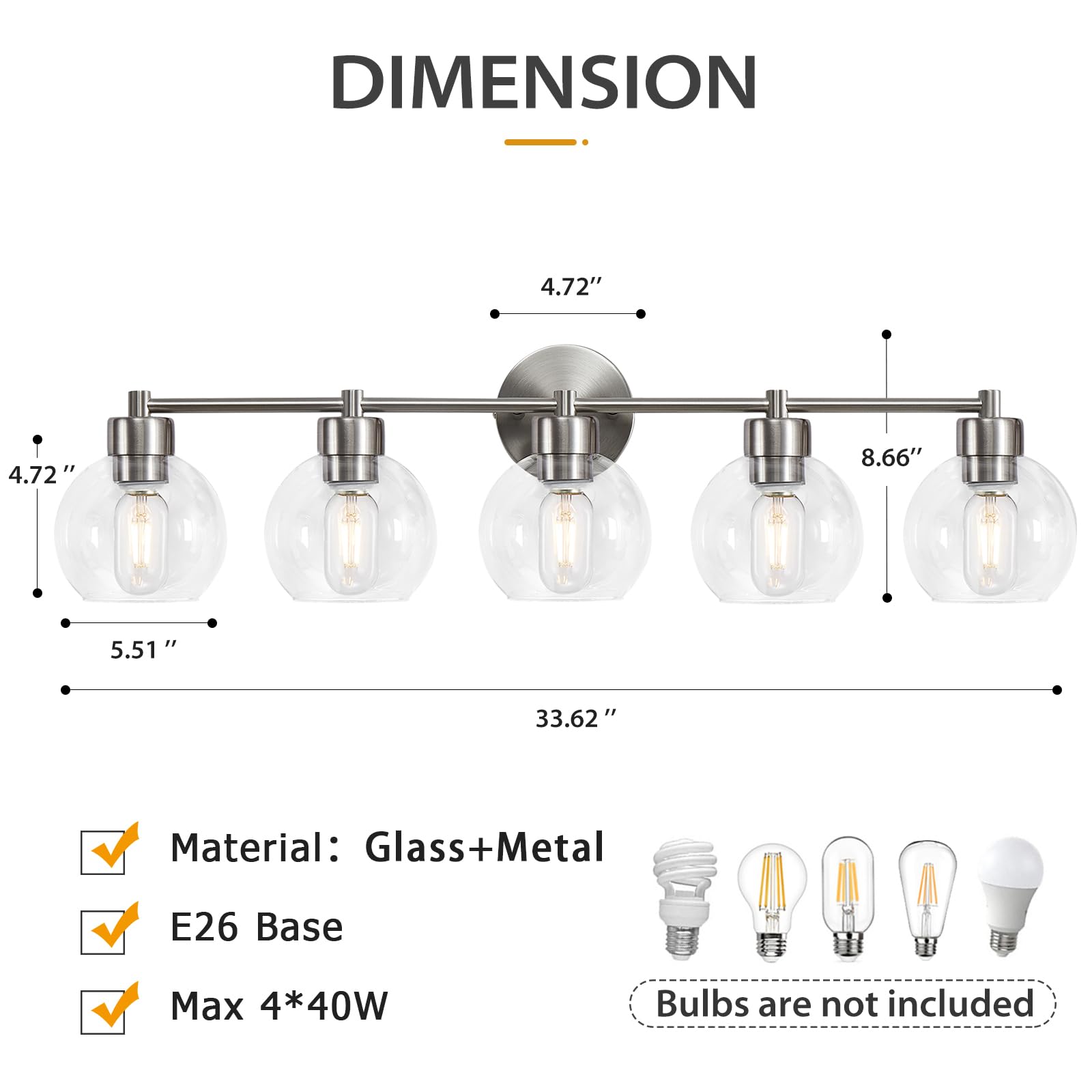 Matte Brushed Nickel 5-Light Vanity Light Fixture with Globe Glass Shade - Bathroom Mirror Lighting for Vanity, Stairs & Kitchen | Modern Home Decor Lighting Solution