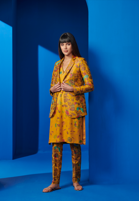 Rana Blazer - Elegant Silk Brocade Jacket in Mustard Yellow | Perfect for Office Wear, Evening Events & Special Occasions