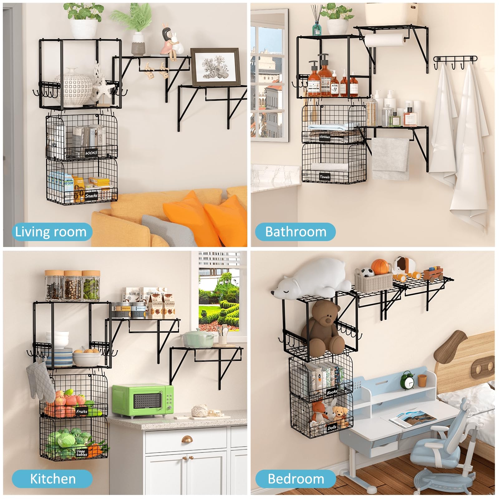 3 Pack Laundry Room Shelves with Wire Storage Baskets - Over Washer and Dryer Organizer with Hanging Rods & Hooks - Space Saving Laundry Storage Solution for Small Spaces, Closets and Utility Rooms