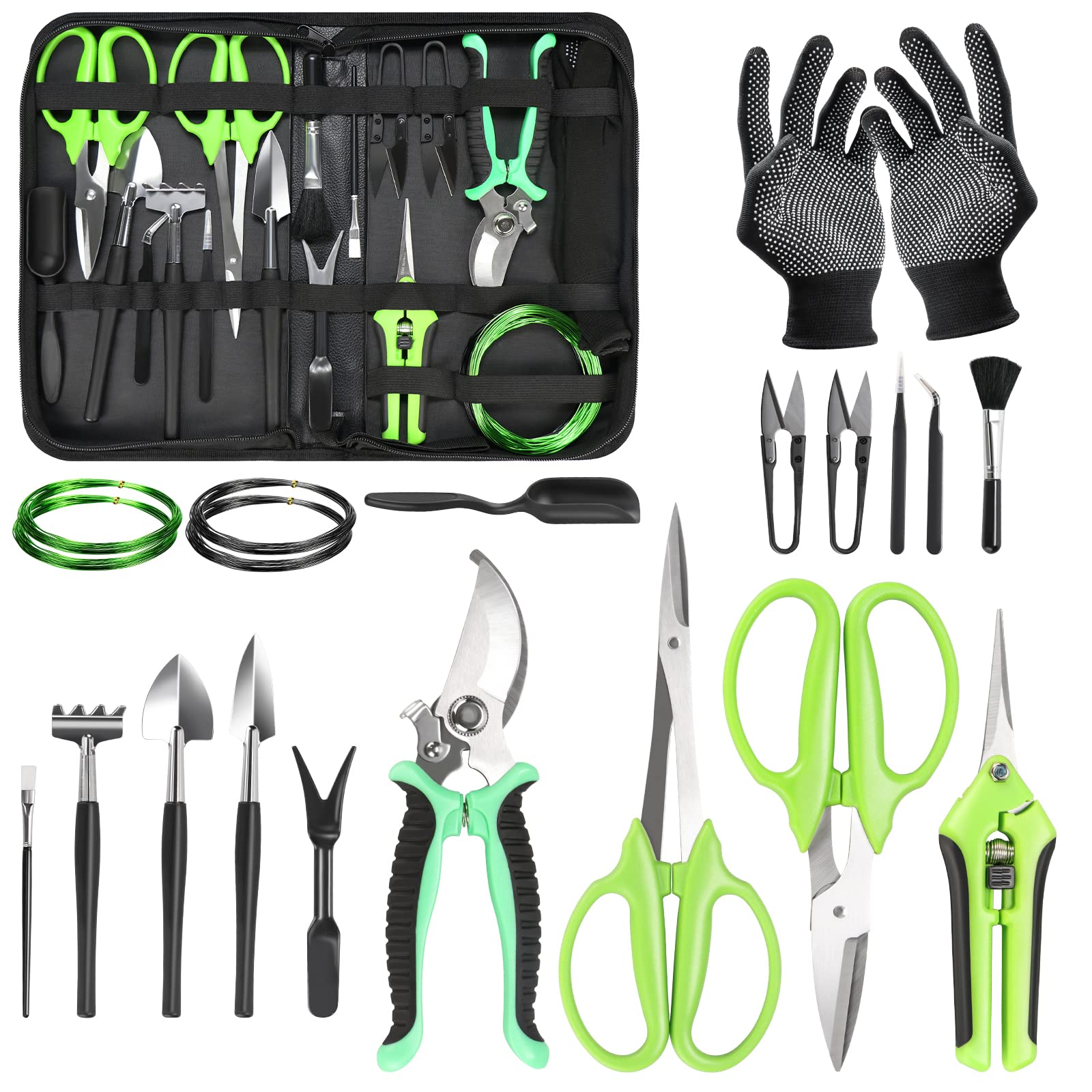 21-Piece Bonsai Tool Kit with Pruning Shears, Trimming Scissors, Training Wire & Succulent Tools - Premium Gardening Gift Set in Leather Storage Bag for Women & Plant Lovers - Perfect for Bonsai Care, Succulent Arranging & Indoor Gardening