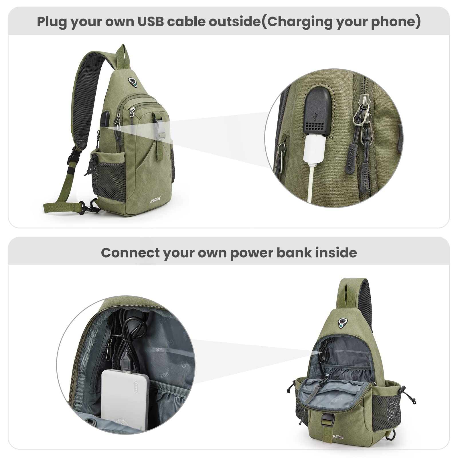 G4Free Canvas Sling Bag Crossbody Backpack with USB Charging Port & RFID Blocking - Lightweight Travel Daypack for Hiking, Commuting & Outdoor Activities (Unisex Design for Women & Men)