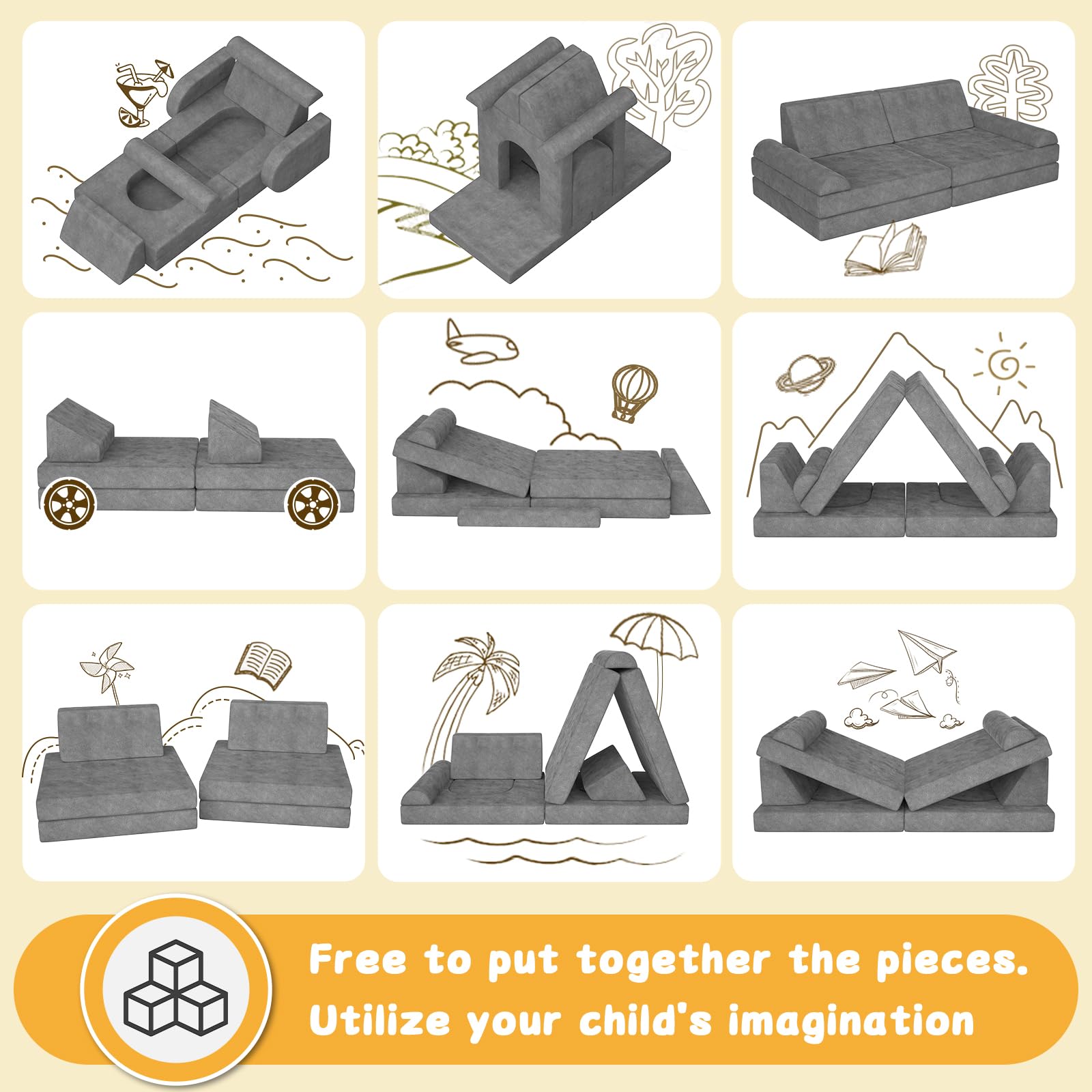 Modular Kids Play Couch Convertible Sofa for Toddlers & Children - 10-Piece DIY Creative Playroom Furniture for Nursery, Playtime, Imagination & Relaxation - Perfect for Indoor Play, Reading Nook & Cozy Lounging