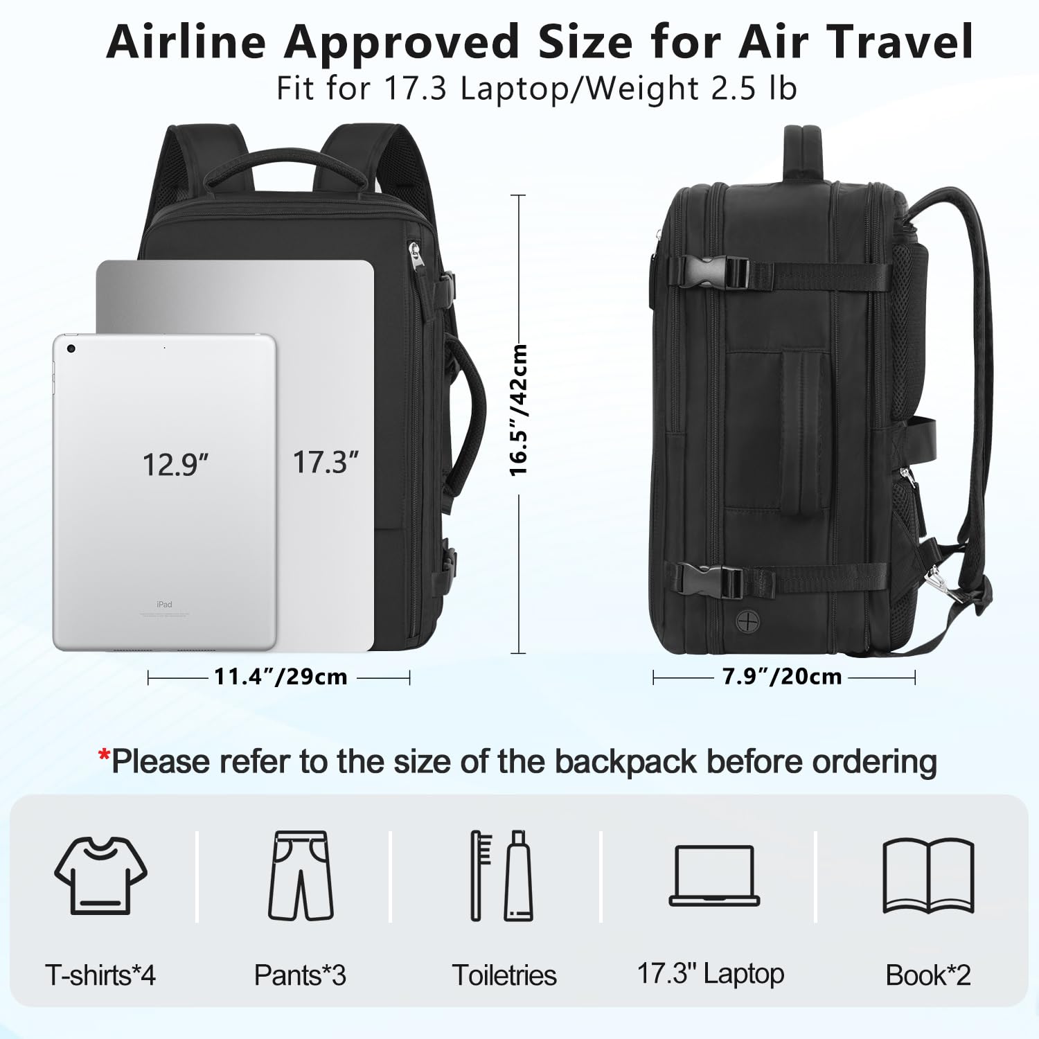 Snoffic Durable Waterproof Travel Backpack for Men & Women - Carry On Personal Item Size, College & Business Laptop Backpack - Fits 17.3 Inch Laptop - Perfect for Work, Hiking, Commuting & Daily Use - Black
