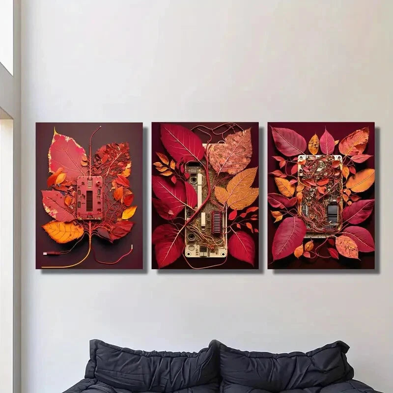 3pcs Red Circuit Board with Leaves Metal Print - Ready to Hang Wall Art Decor for Home Office, Living Room & Tech Enthusiast Gifts