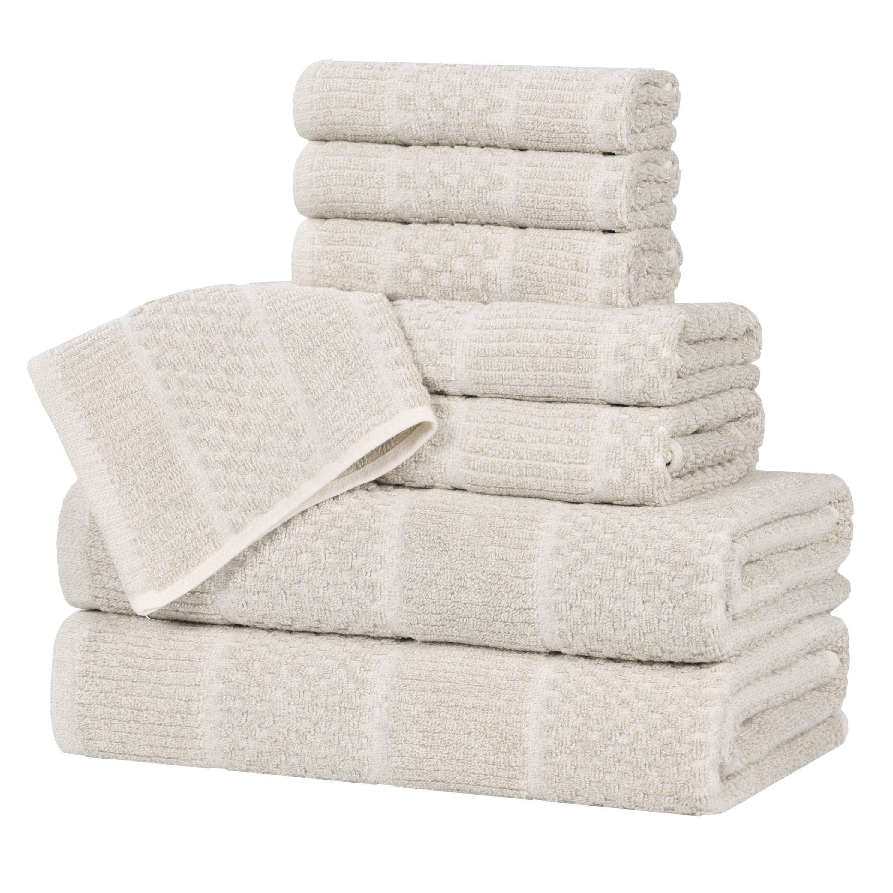 Premium 8-Piece Cotton Blend Towel Set - Medium Weight Checkered & Ribbed Bath Towels for Spa, Guest Bathroom & Luxury Home Decor