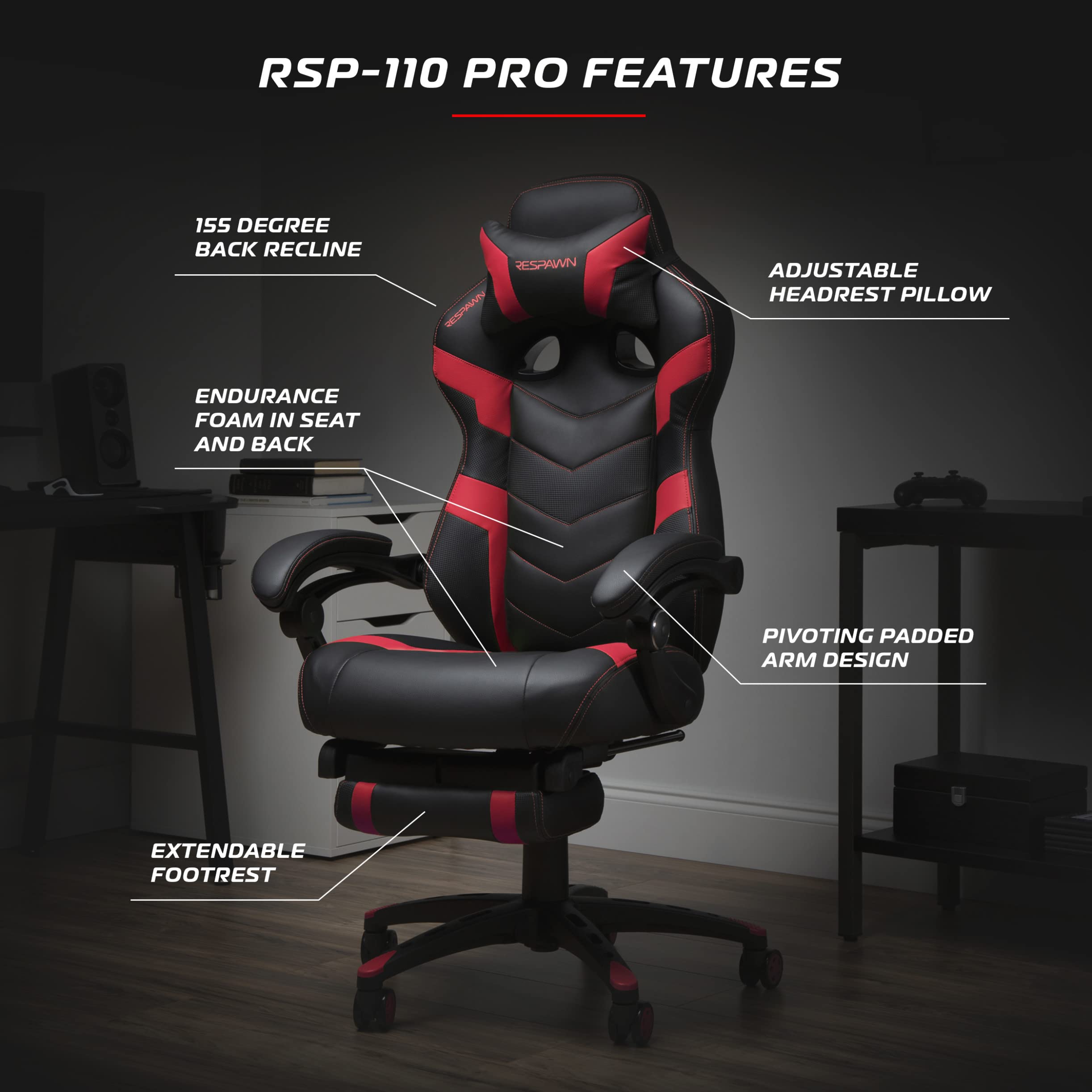 RESPAWN 110 Pro Ergonomic Gaming Chair with Adjustable Footrest & Headrest - Reclining Computer Desk Chair for Adults - Perfect for PC Gaming, Office Work & Home Entertainment (Red)