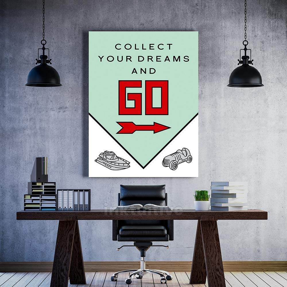 Inktuitive 'Collect And Go' Motivational Canvas Wall Art - Monopoly Pennybags Framed Print 40x30 - Inspirational Home Decor for Living Room, Office & Game Room