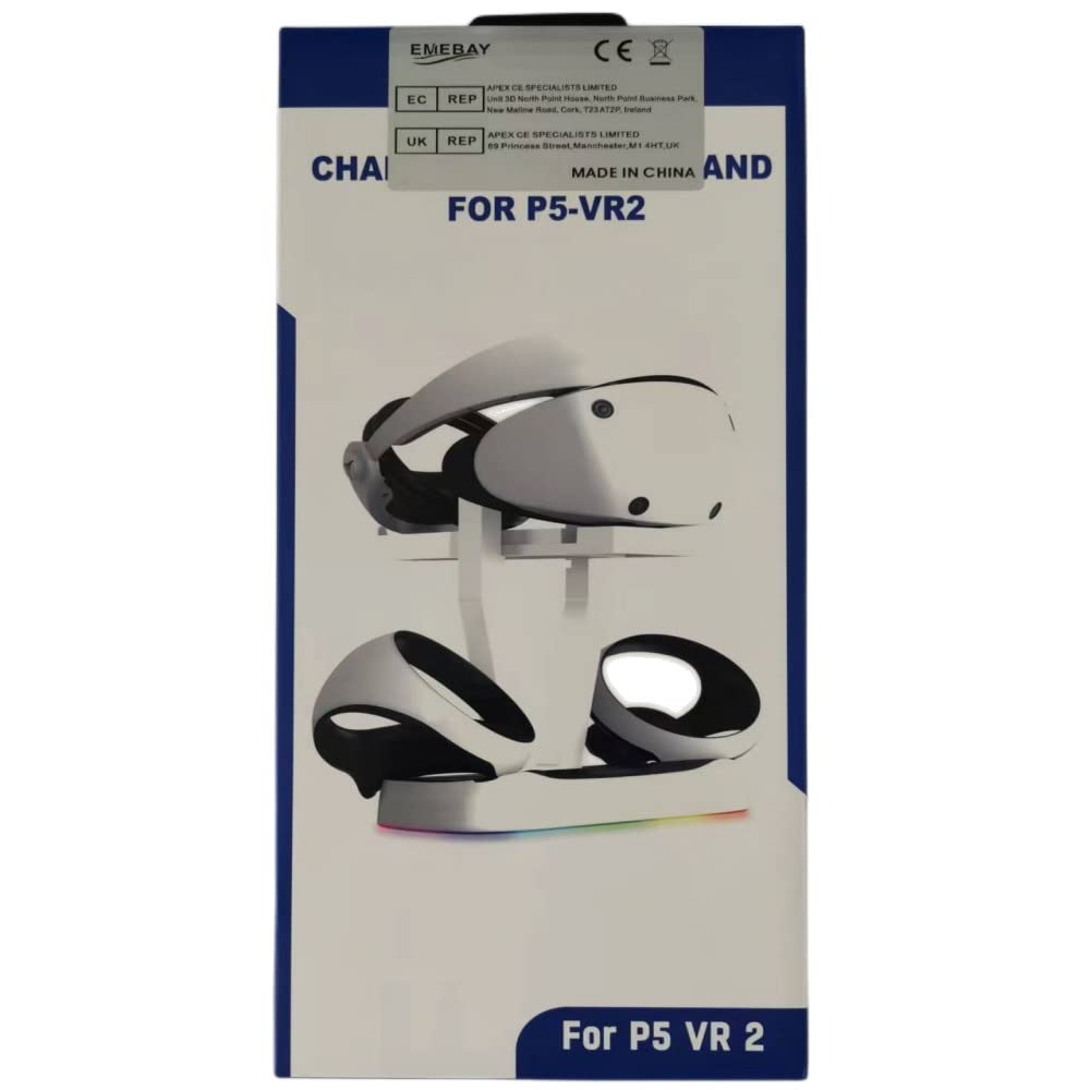 EMEBAY RGB Light Charging Station & Stand for PS VR2 - Dual Controller & Headset Charger with LED Indicators - Compatible with Play*Station PS VR2 - Perfect for Gaming Setup & VR Accessories Organization